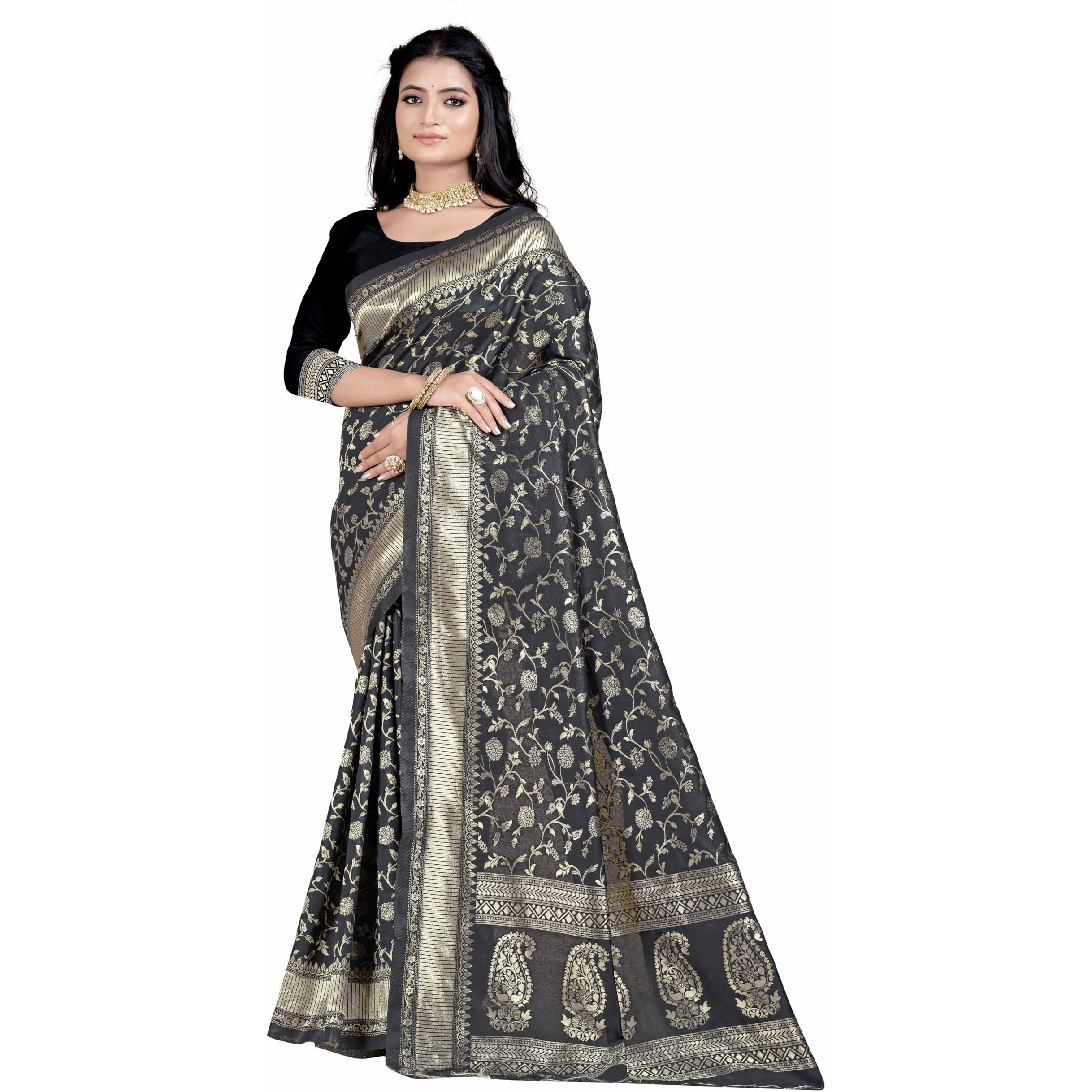 Sugathari Womens Banarasi Saree Pure Kanjivaram Silk Saree Soft new ladies 2023 Design Wear Pattu Sarees Latest Party Sari collections With Blouse Piece for Wedding sadi (SAN PARI-182 BLACK)