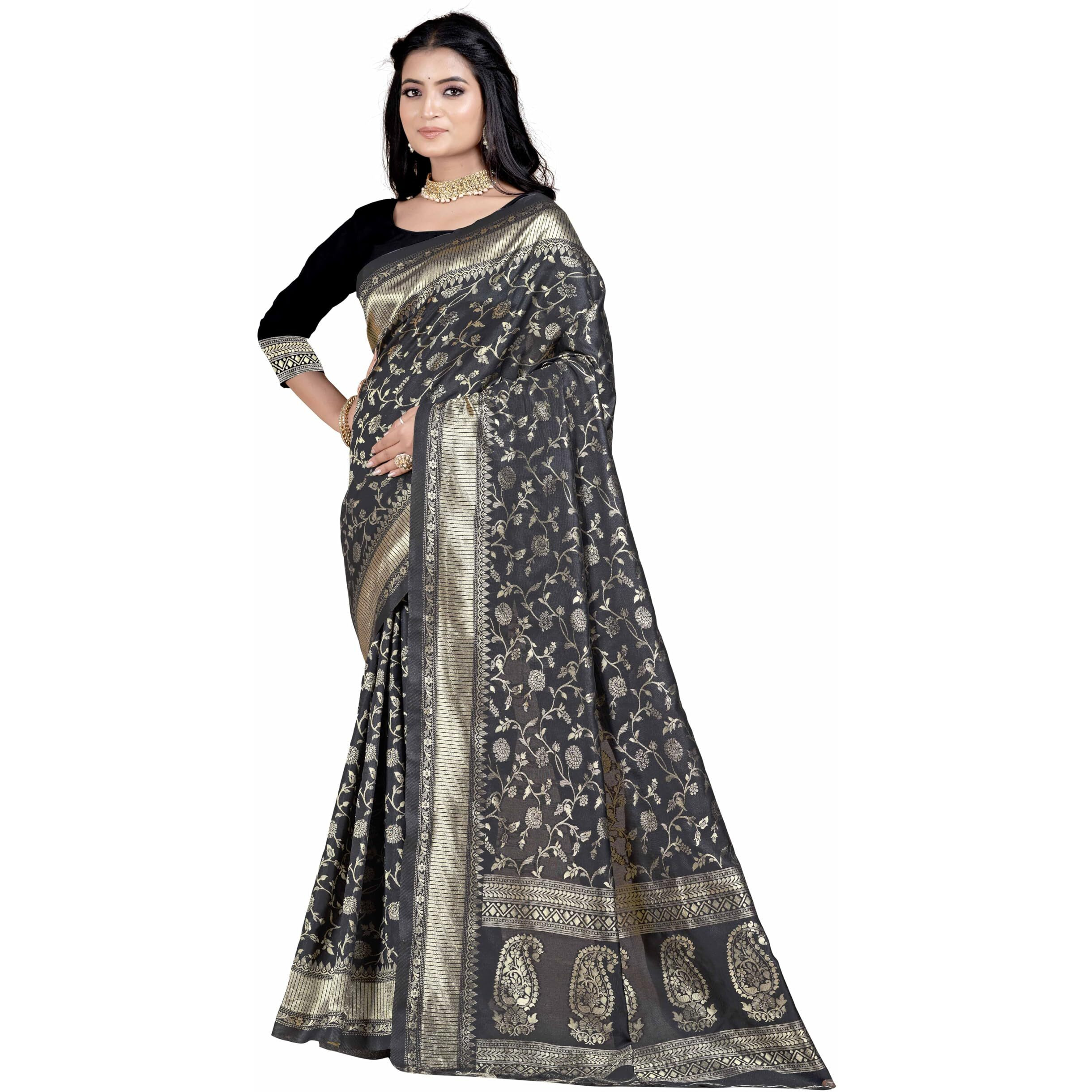 Sugathari Womens Banarasi Saree Pure Kanjivaram Silk Saree Soft new ladies 2023 Design Wear Pattu Sarees Latest Party Sari collections With Blouse Piece for Wedding sadi (SAN PARI-182 BLACK)