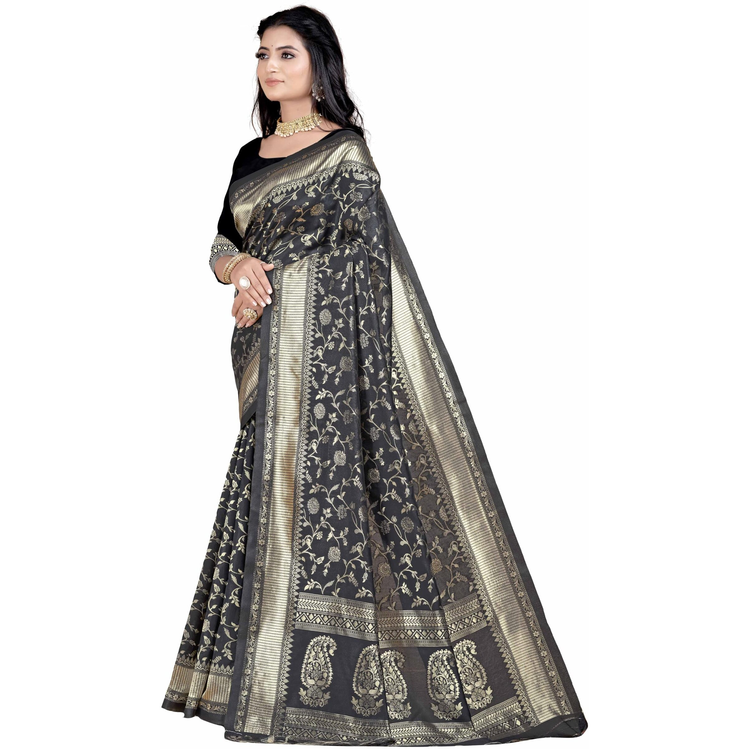 Sugathari Womens Banarasi Saree Pure Kanjivaram Silk Saree Soft new ladies 2023 Design Wear Pattu Sarees Latest Party Sari collections With Blouse Piece for Wedding sadi (SAN PARI-182 BLACK)