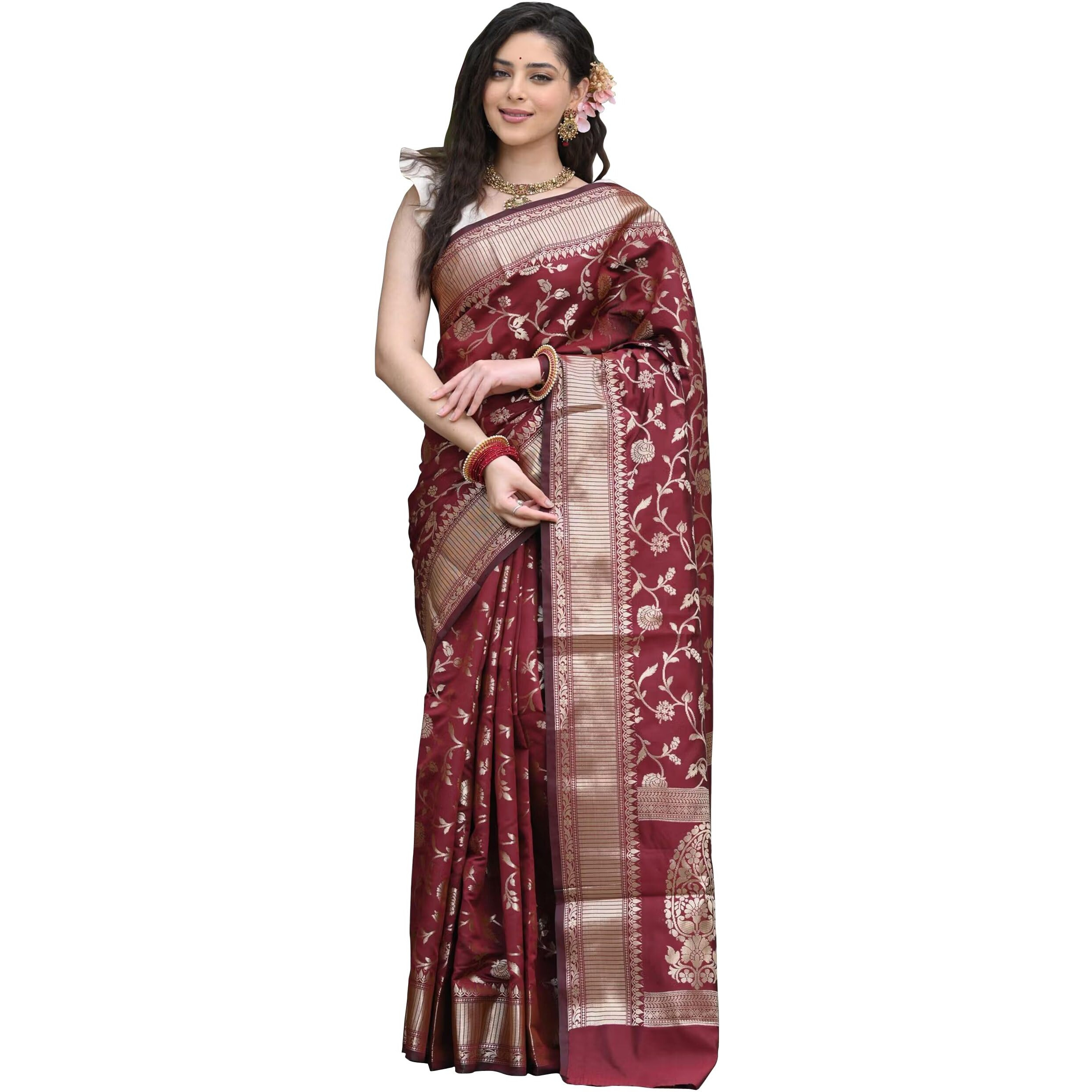 Sugathari Womens Banarasi Saree Pure Kanjivaram Silk Saree Soft new ladies 2023 Design Wear Pattu Sarees Latest Party Sari collections With Blouse Piece for Wedding sadi (SAN PARI-182 MAROON)