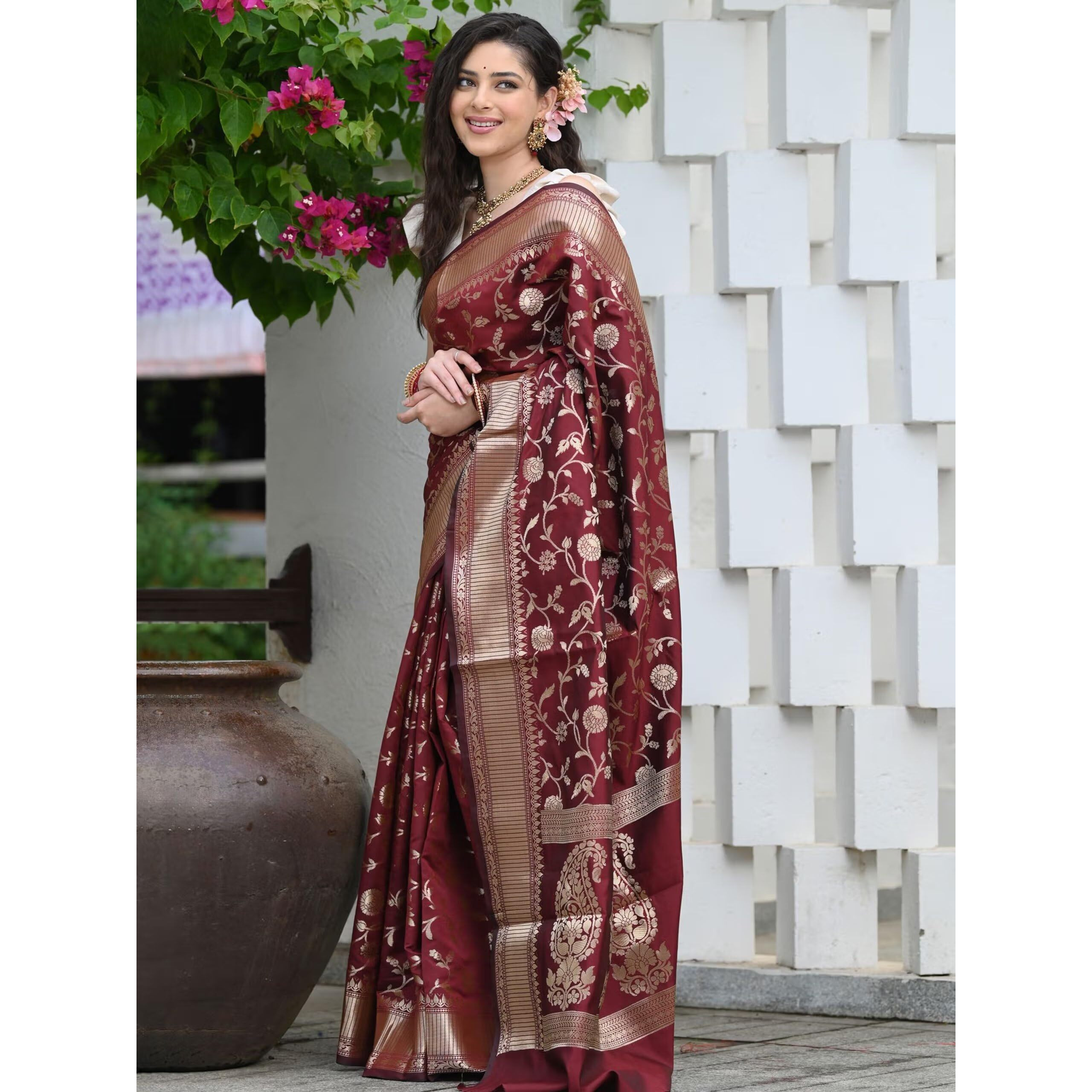 Sugathari Womens Banarasi Saree Pure Kanjivaram Silk Saree Soft new ladies 2023 Design Wear Pattu Sarees Latest Party Sari collections With Blouse Piece for Wedding sadi (SAN PARI-182 MAROON)