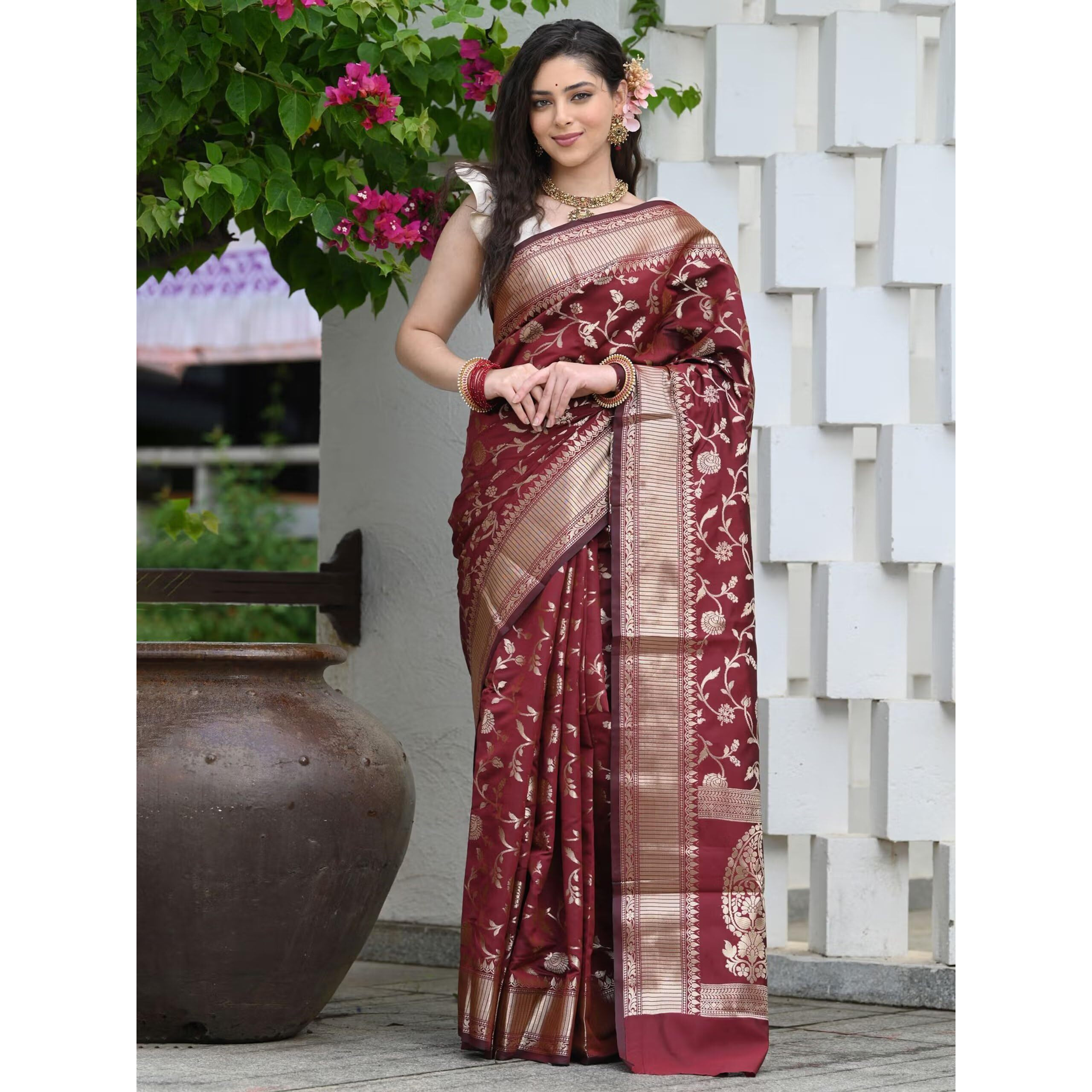 Sugathari Womens Banarasi Saree Pure Kanjivaram Silk Saree Soft new ladies 2023 Design Wear Pattu Sarees Latest Party Sari collections With Blouse Piece for Wedding sadi (SAN PARI-182 MAROON)