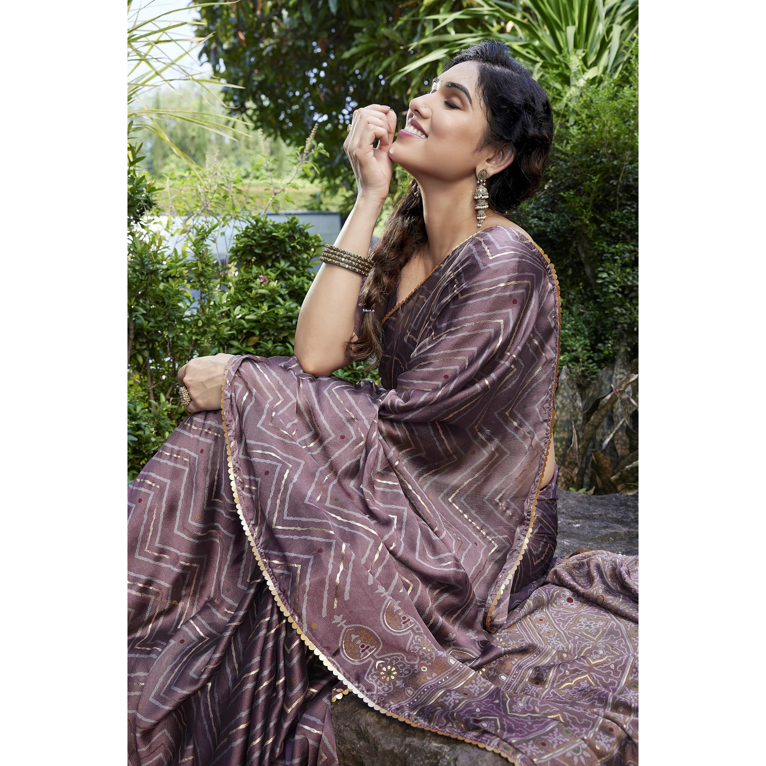 MIRCHI FASHION Womens Chiffon Foil Ethnic Motif Chevron Printed Saree with Blouse Piece (38994-Dusty Pink)