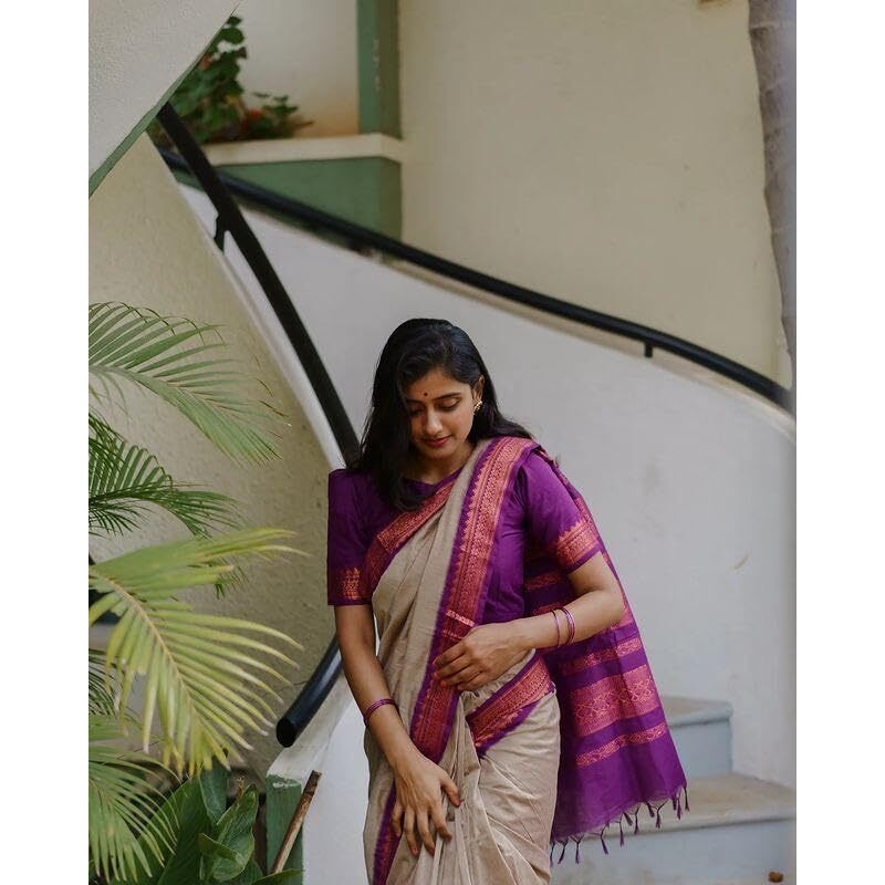 SGF11 Womens Kanjivaram Soft Lichi Silk Saree With Blouse Piece (Cream Purple)