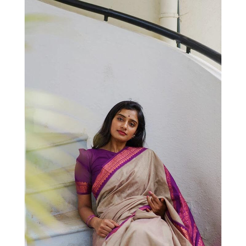 SGF11 Womens Kanjivaram Soft Lichi Silk Saree With Blouse Piece (Cream Purple)