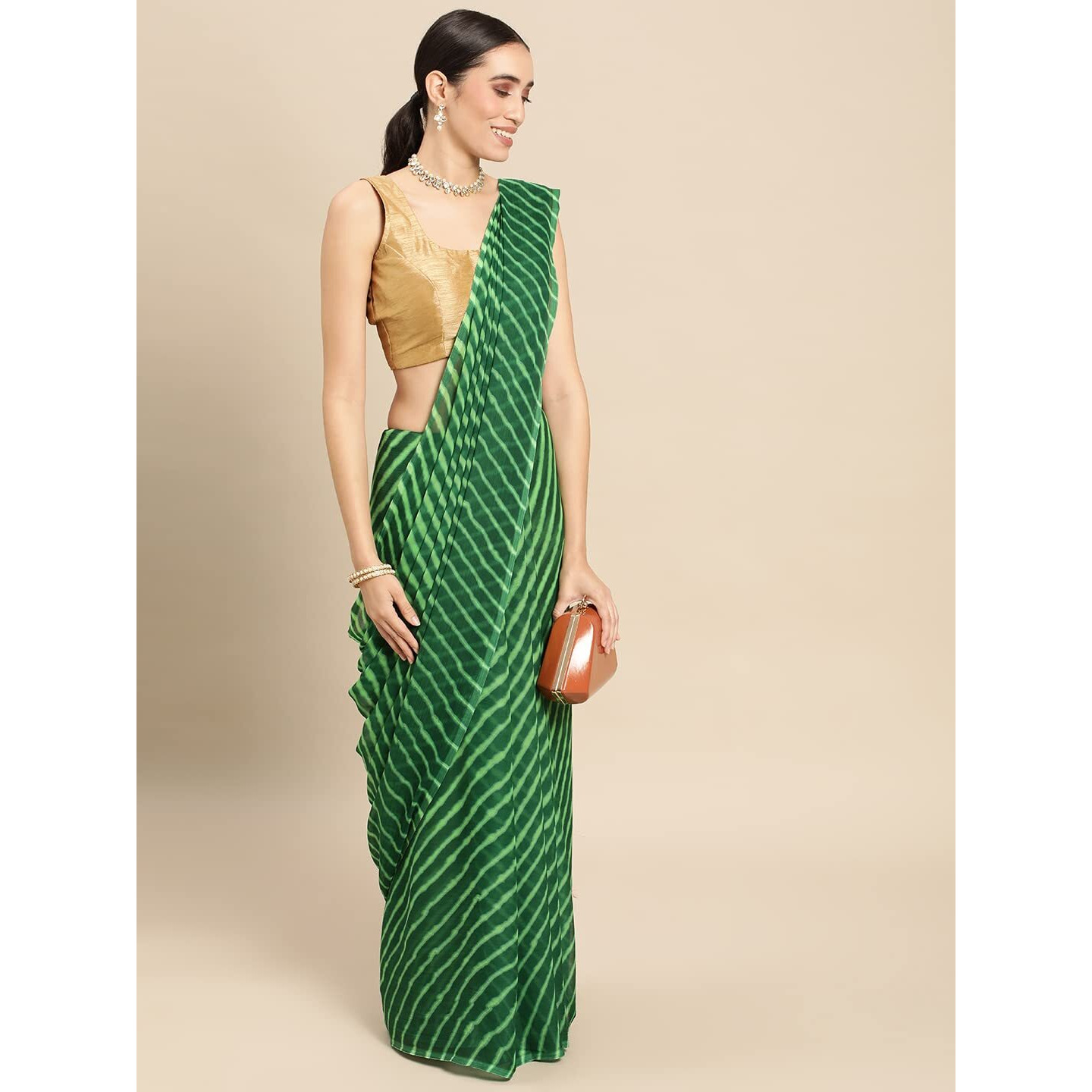 RANI SAAHIBA Womens Chiffon Lehriya Printed Saree Without Blouse (SSKR3649_Green)