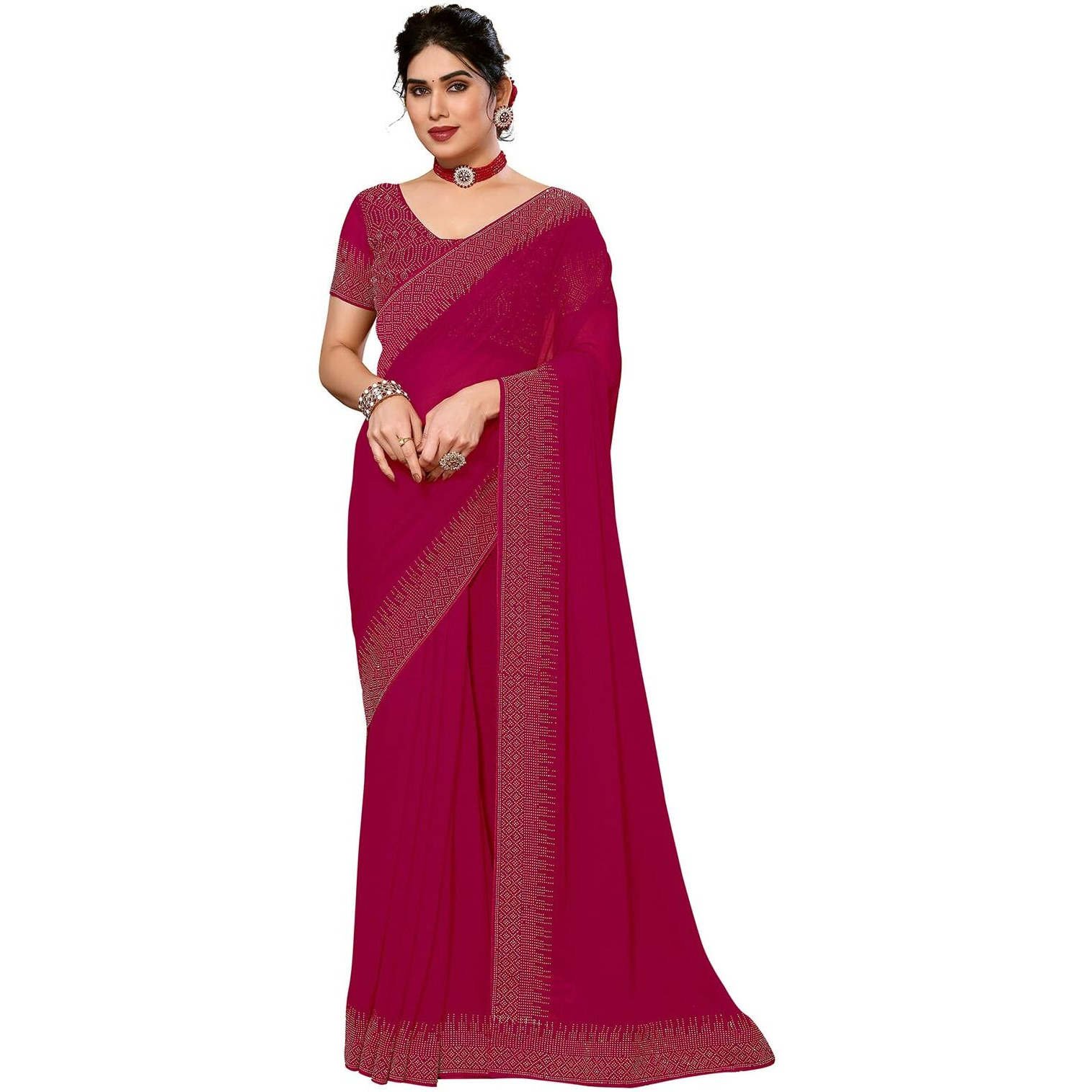 SIRIL Womens Hot Fixing Georgette Saree with Unstitched Blouse Piece (3320S151_Rani Pink)