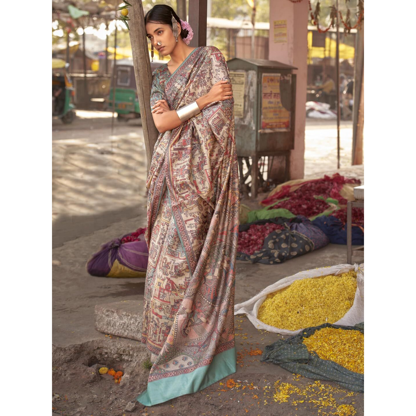 SAREE MALL Womens Banarasi Silk Madhubani Printed Saree With Unstitched Blouse Piece(Beige_PUSHPMNDI105_RS)
