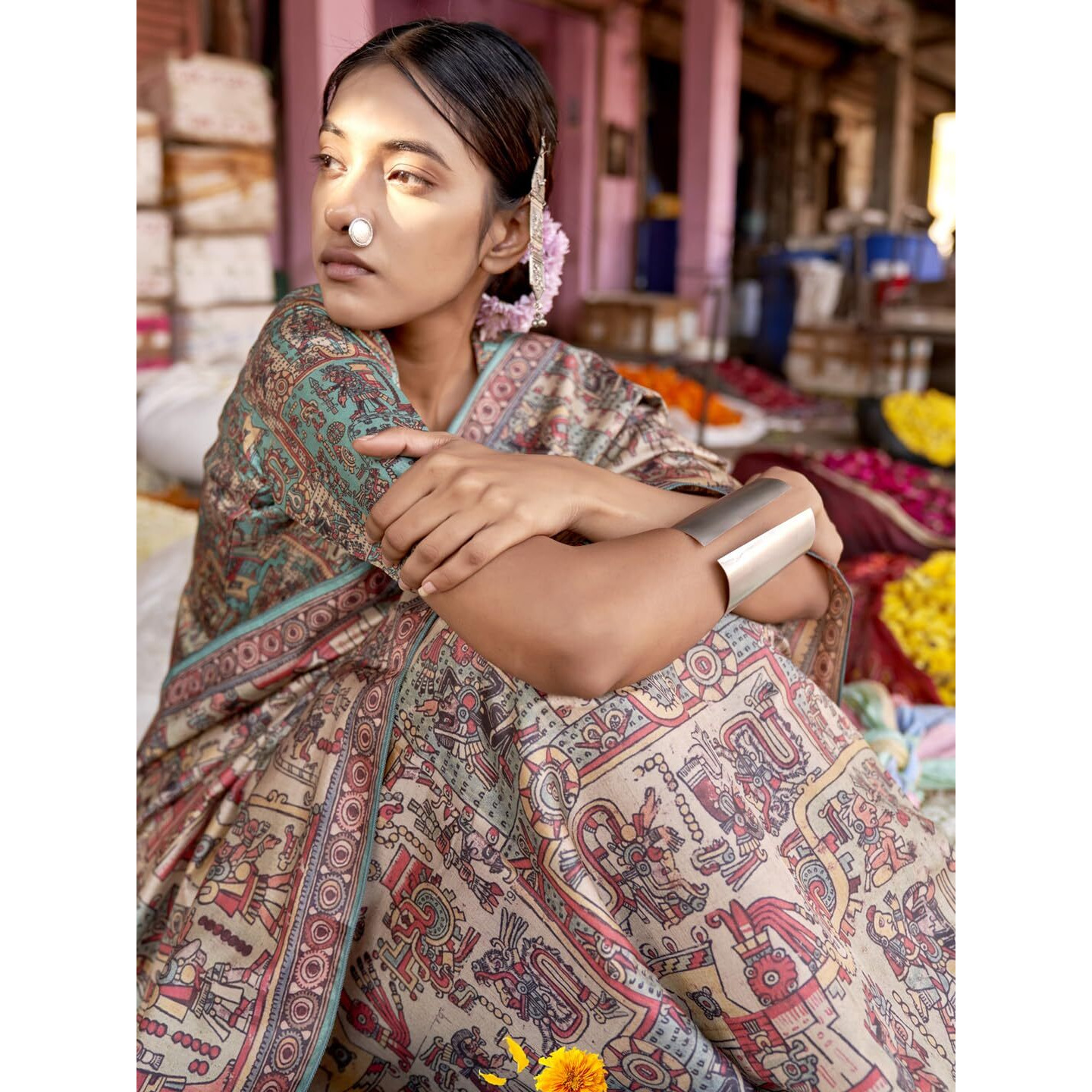 SAREE MALL Womens Banarasi Silk Madhubani Printed Saree With Unstitched Blouse Piece(Beige_PUSHPMNDI105_RS)