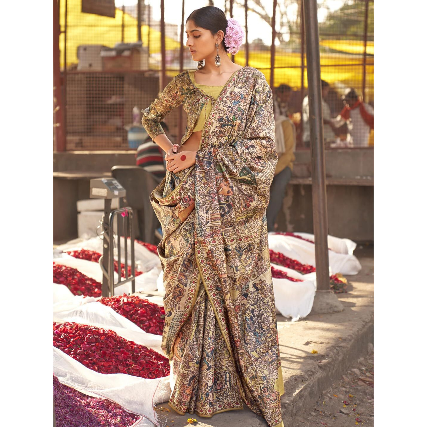 SAREE MALL Womens Banarasi Silk Madhubani Printed Saree With Unstitched Blouse Piece(Beige_PUSHPMNDI107_RS)