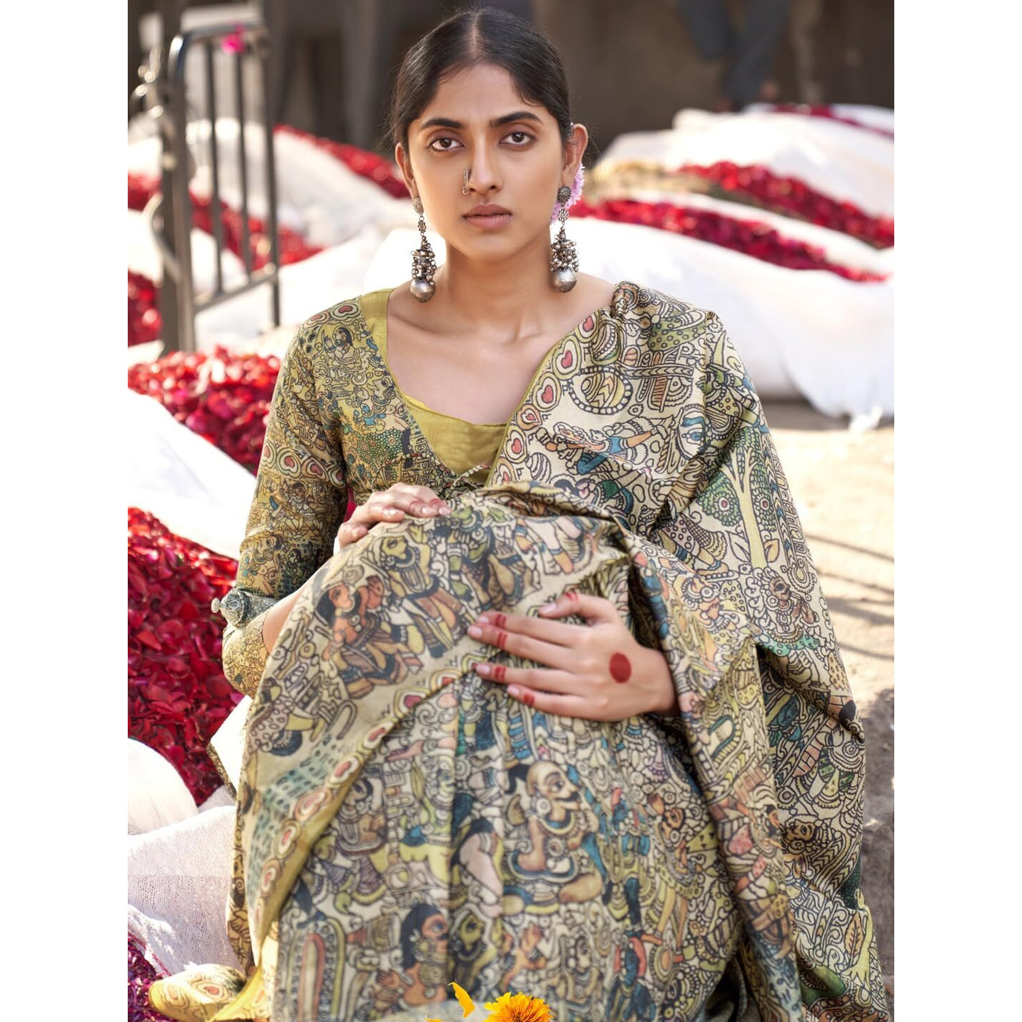 SAREE MALL Womens Banarasi Silk Madhubani Printed Saree With Unstitched Blouse Piece(Beige_PUSHPMNDI107_RS)