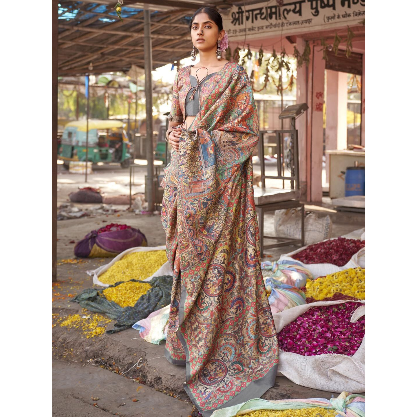 SAREE MALL Womens Banarasi Silk Madhubani Printed Saree With Unstitched Blouse Piece(Beige_PUSHPMNDI103_RS)