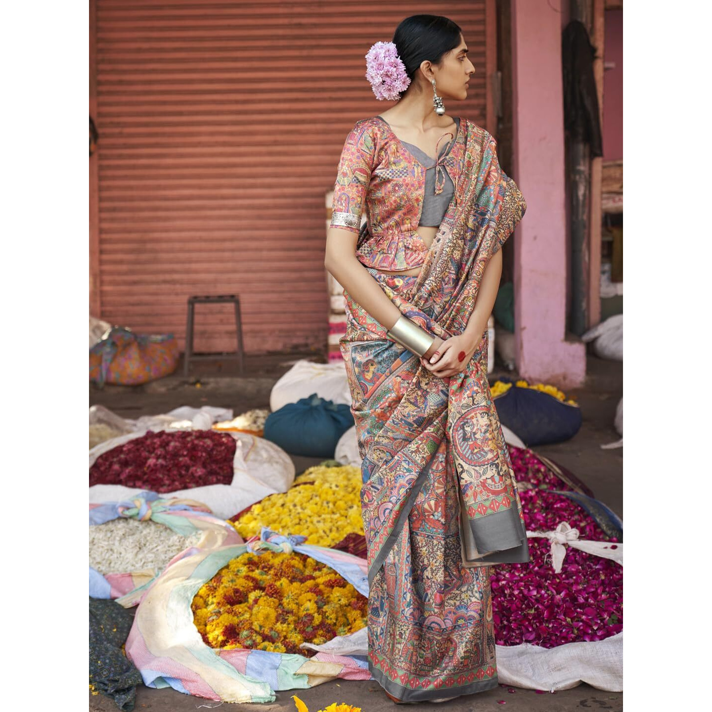 SAREE MALL Womens Banarasi Silk Madhubani Printed Saree With Unstitched Blouse Piece(Beige_PUSHPMNDI103_RS)