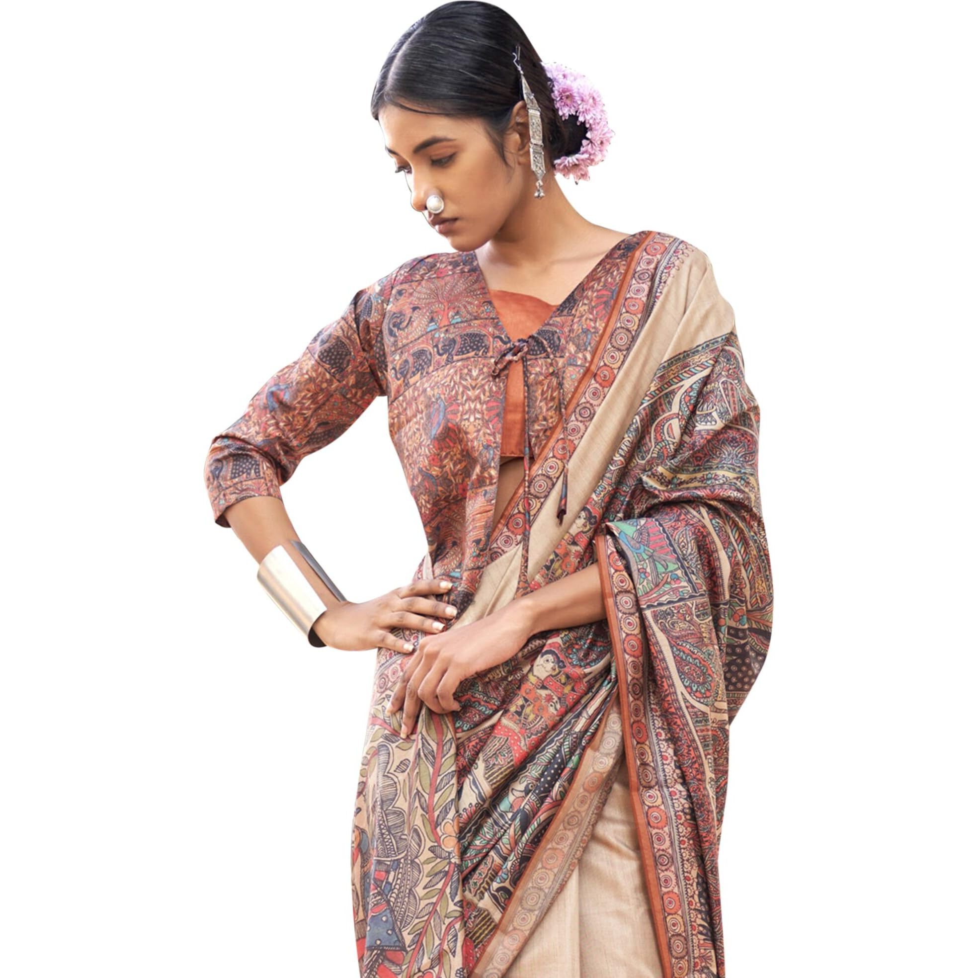 SAREE MALL Womens Banarasi Silk Madhubani Printed Saree With Unstitched Blouse Piece(Beige_PUSHPMNDI108_RS)