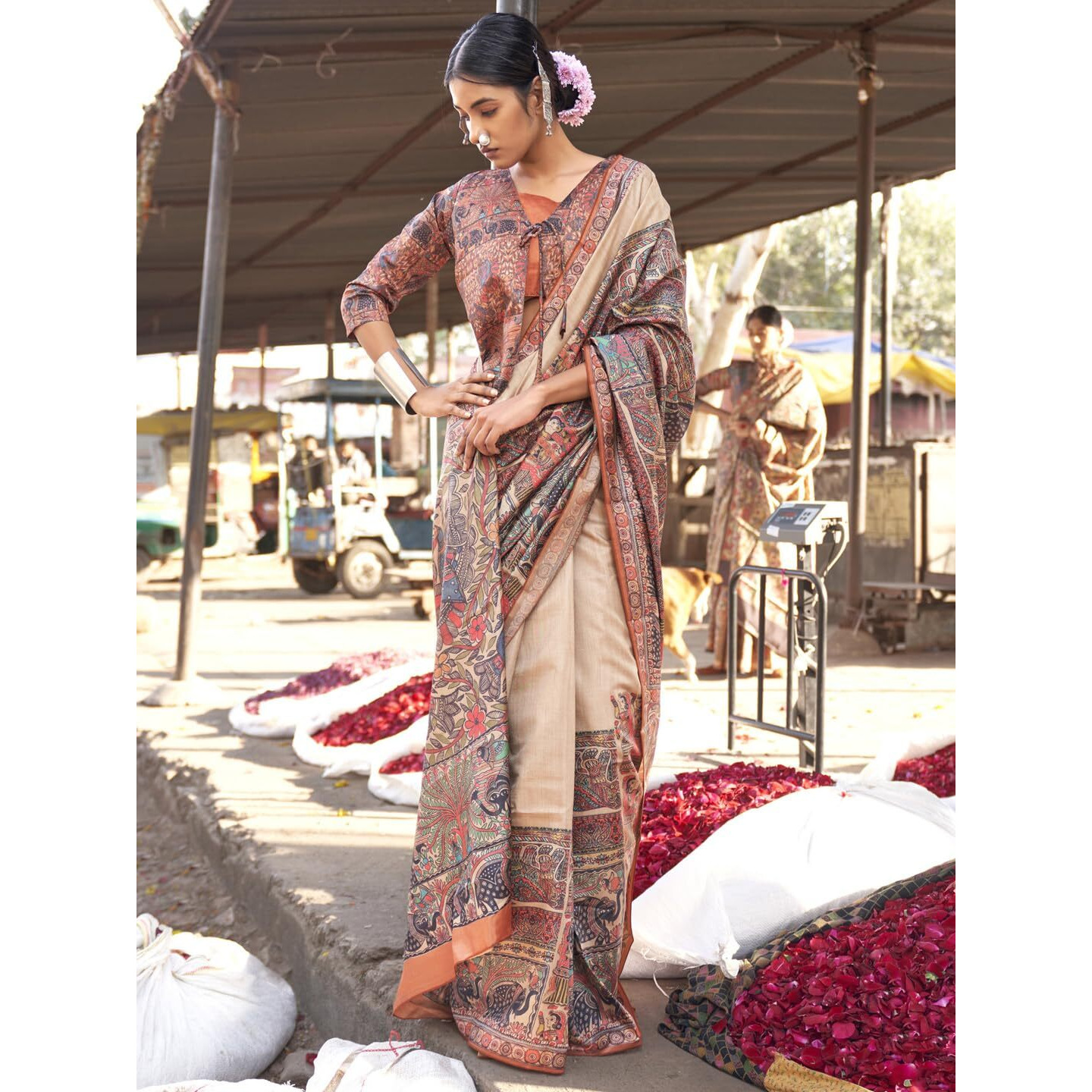 SAREE MALL Womens Banarasi Silk Madhubani Printed Saree With Unstitched Blouse Piece(Beige_PUSHPMNDI108_RS)