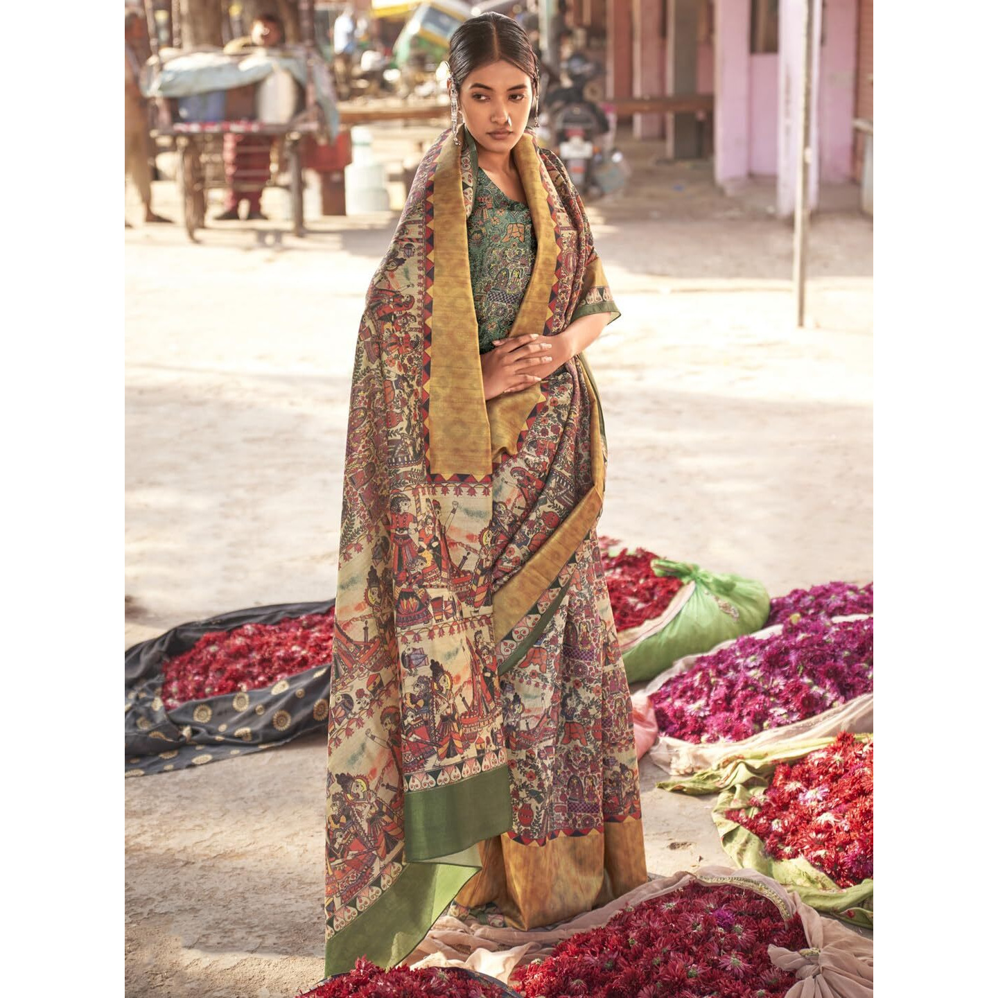 SAREE MALL Womens Banarasi Silk Madhubani Printed Saree With Unstitched Blouse Piece(Beige_PUSHPMNDI102_RS)