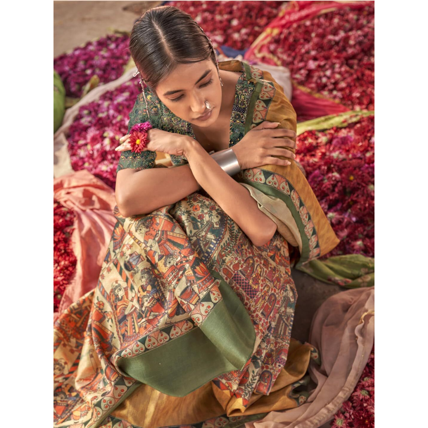 SAREE MALL Womens Banarasi Silk Madhubani Printed Saree With Unstitched Blouse Piece(Beige_PUSHPMNDI102_RS)