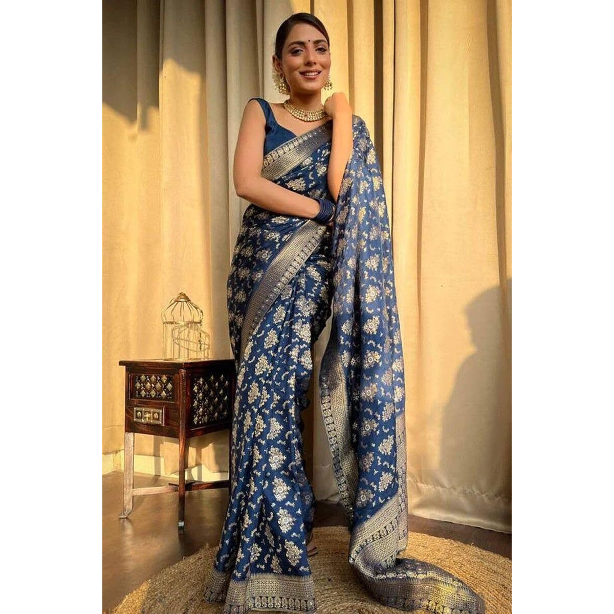 Yashika Womens Banarasi Kanjivaram Jacquard Art Silk Saree - Exquisite Ethnic Attire for Indian Festivities - Unstitched Blouse Included (AZ-YS-OG-RANGEELI BLUE)