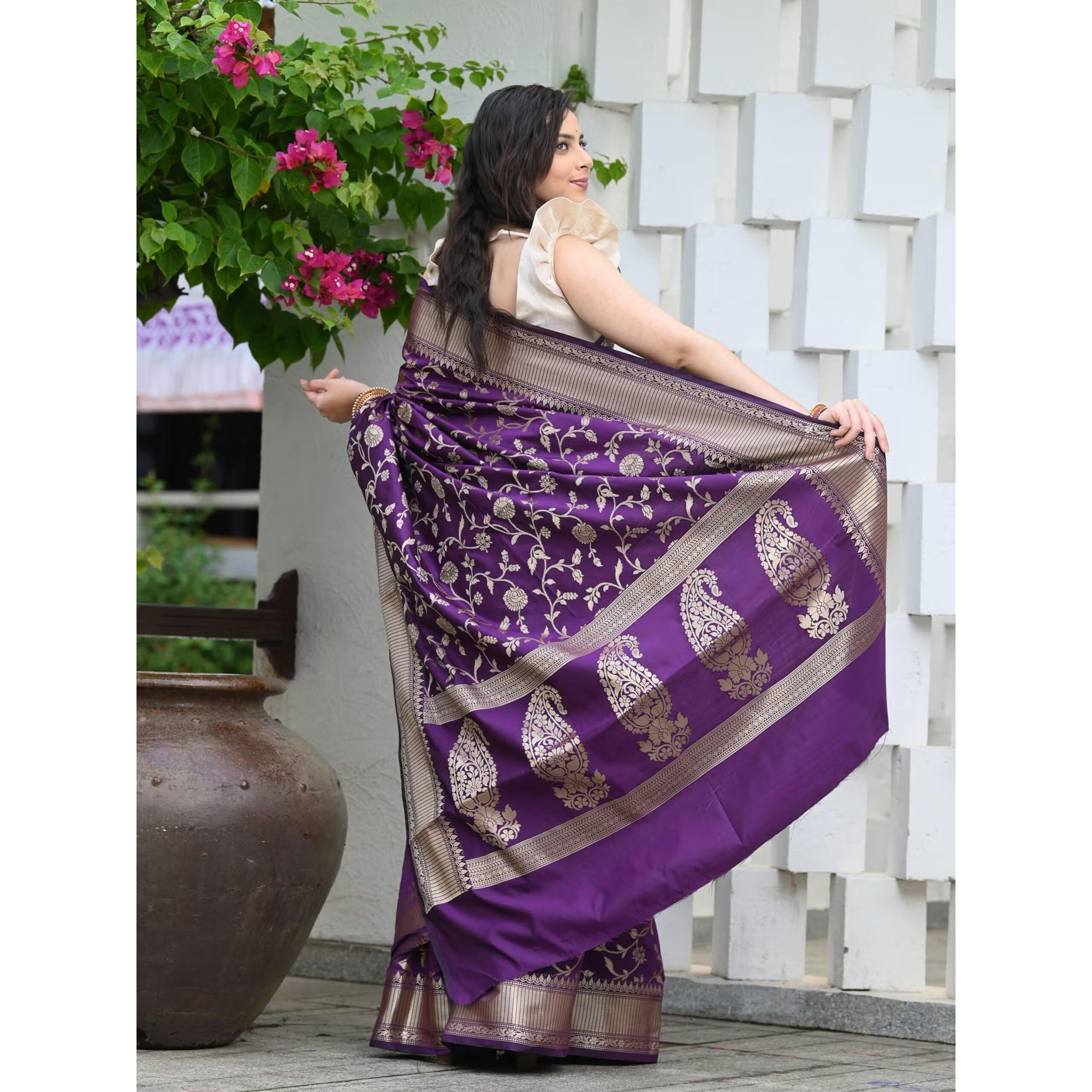 Sugathari Womens Banarasi Saree Pure Kanjivaram Silk Saree Soft new ladies 2023 Design Wear Pattu Sarees Latest Party Sari collections With Blouse Piece for Wedding sadi (SAN PARI-182 PURPLE)
