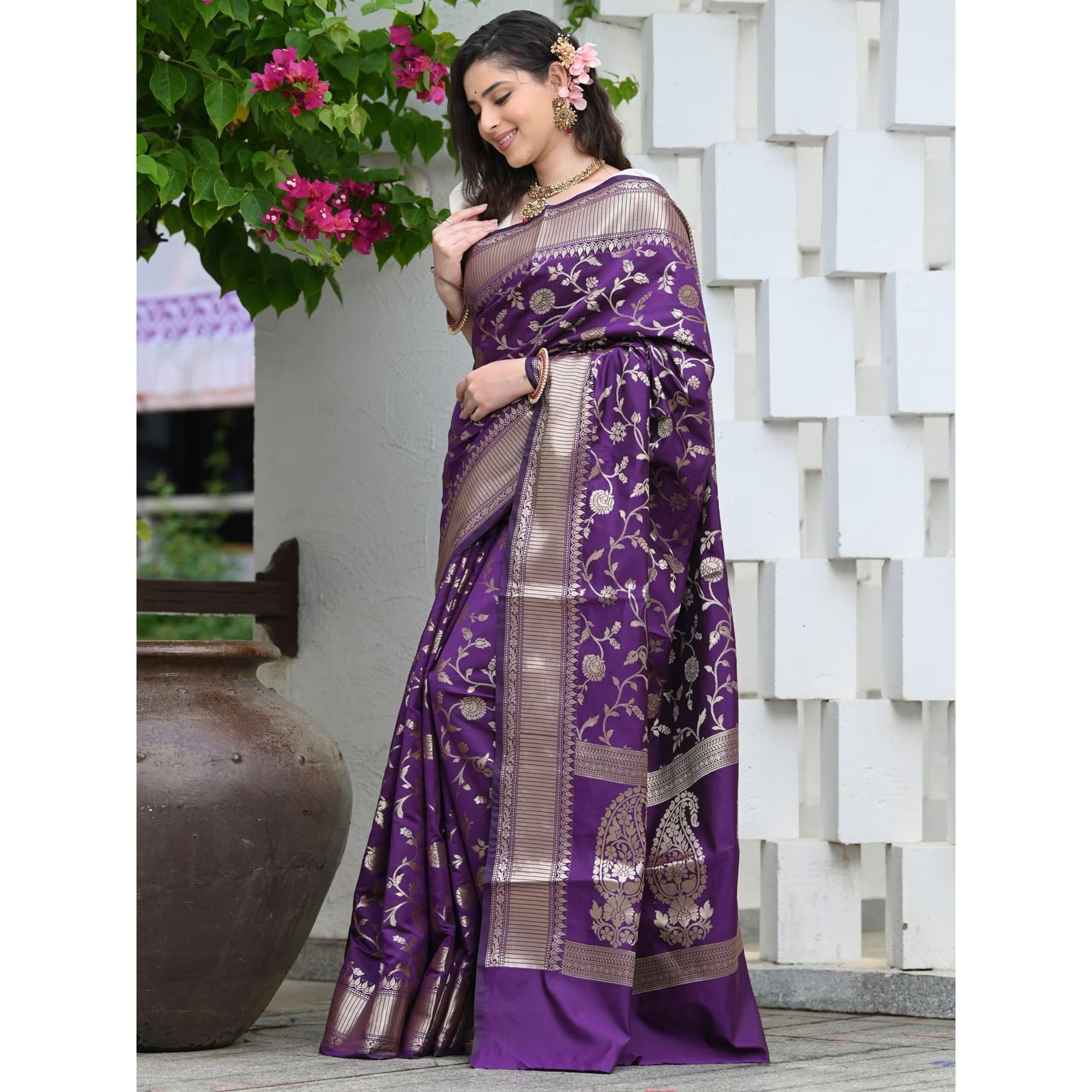 Sugathari Womens Banarasi Saree Pure Kanjivaram Silk Saree Soft new ladies 2023 Design Wear Pattu Sarees Latest Party Sari collections With Blouse Piece for Wedding sadi (SAN PARI-182 PURPLE)