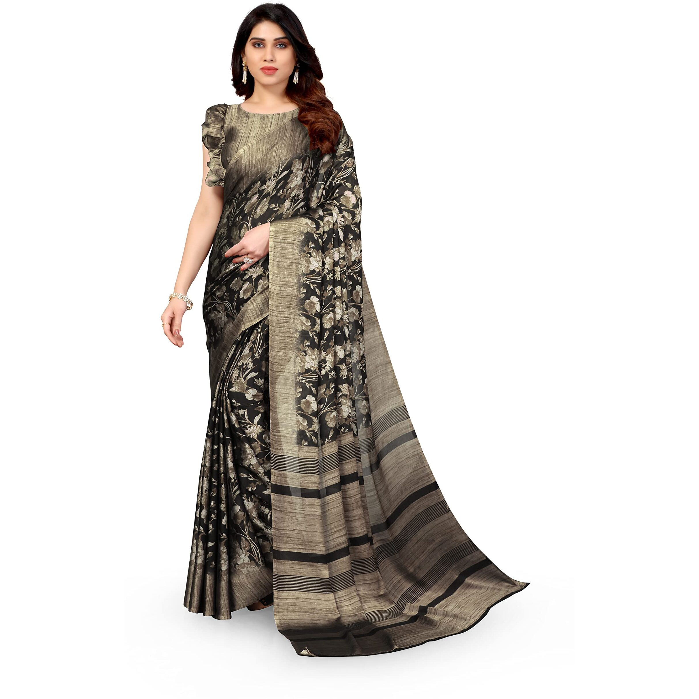 MIRCHI FASHION Womens Plain Weave Chiffon Botanical Printed Saree with Blouse Piece (37886-Black, Golden)