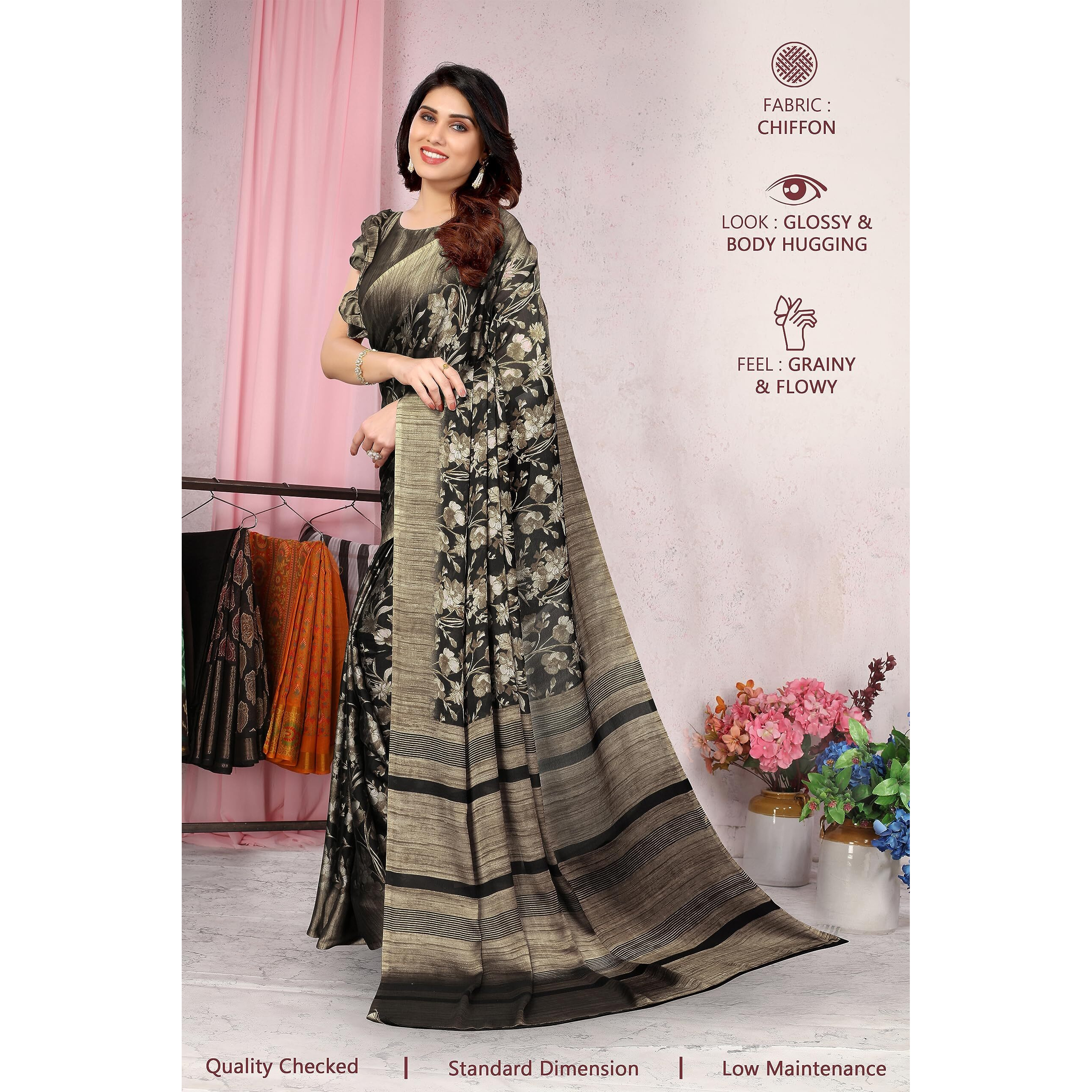 MIRCHI FASHION Womens Plain Weave Chiffon Botanical Printed Saree with Blouse Piece (37886-Black, Golden)