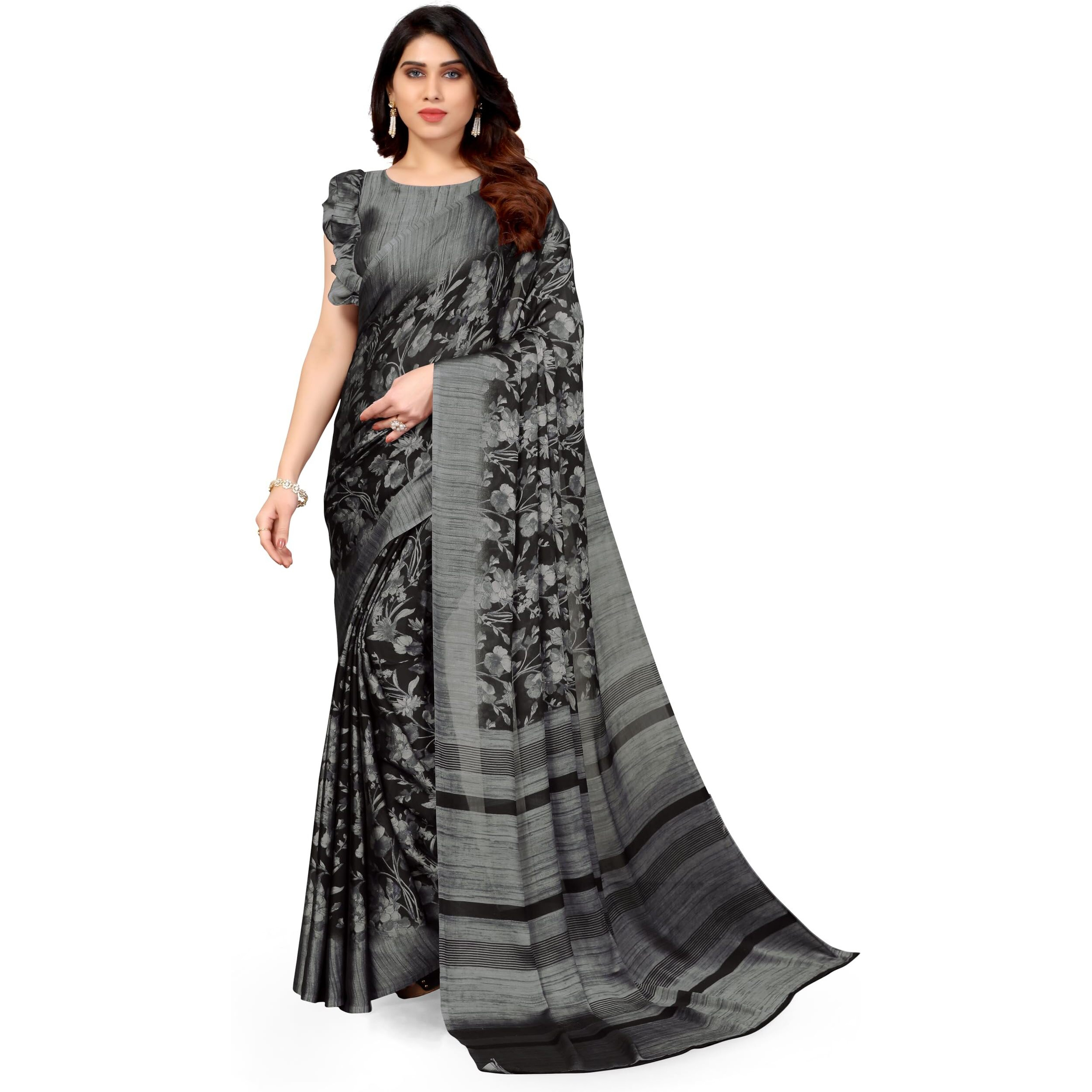 MIRCHI FASHION Womens Plain Weave Chiffon Floral Printed Saree with Blouse Piece (35812-Black, Grey)