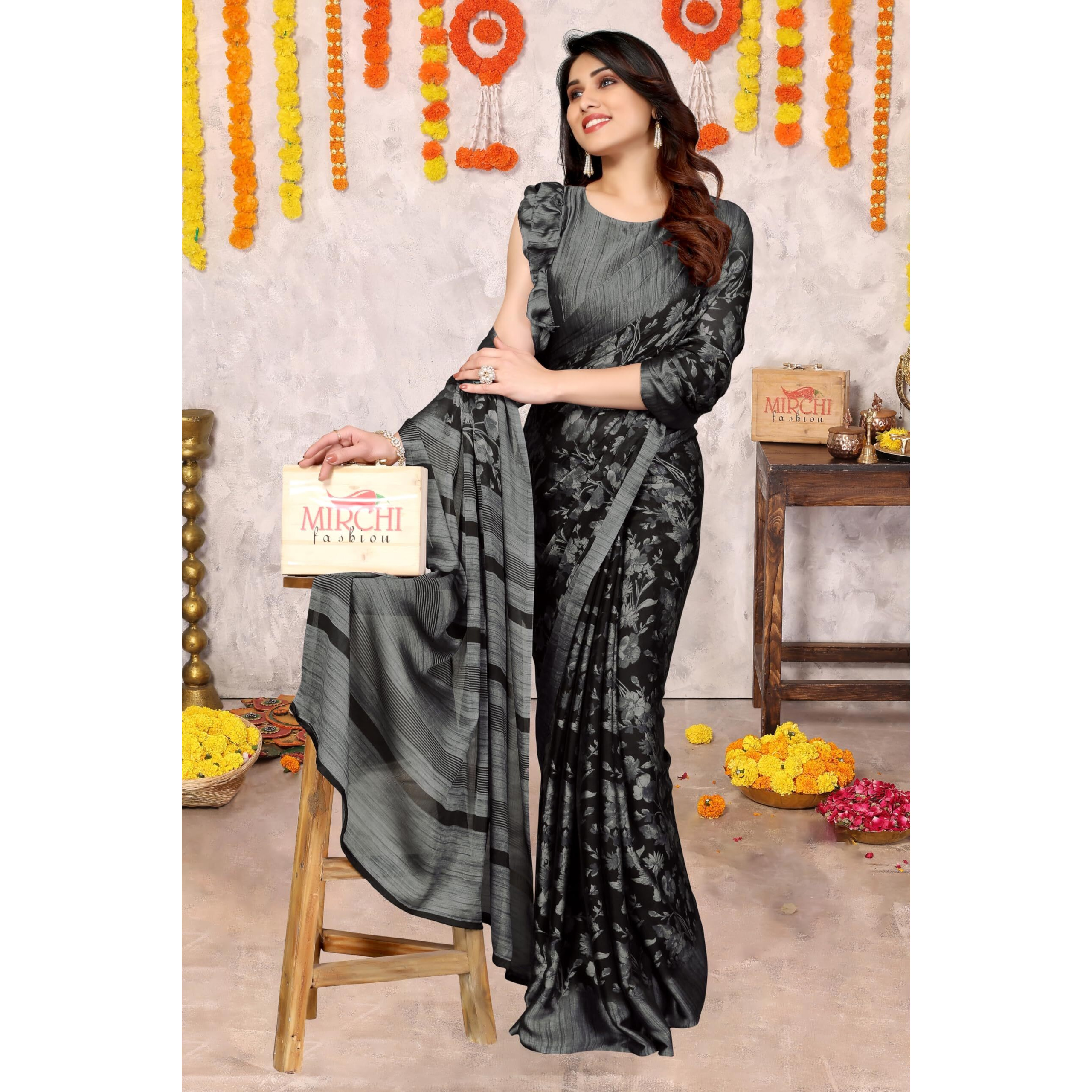 MIRCHI FASHION Womens Plain Weave Chiffon Floral Printed Saree with Blouse Piece (35812-Black, Grey)