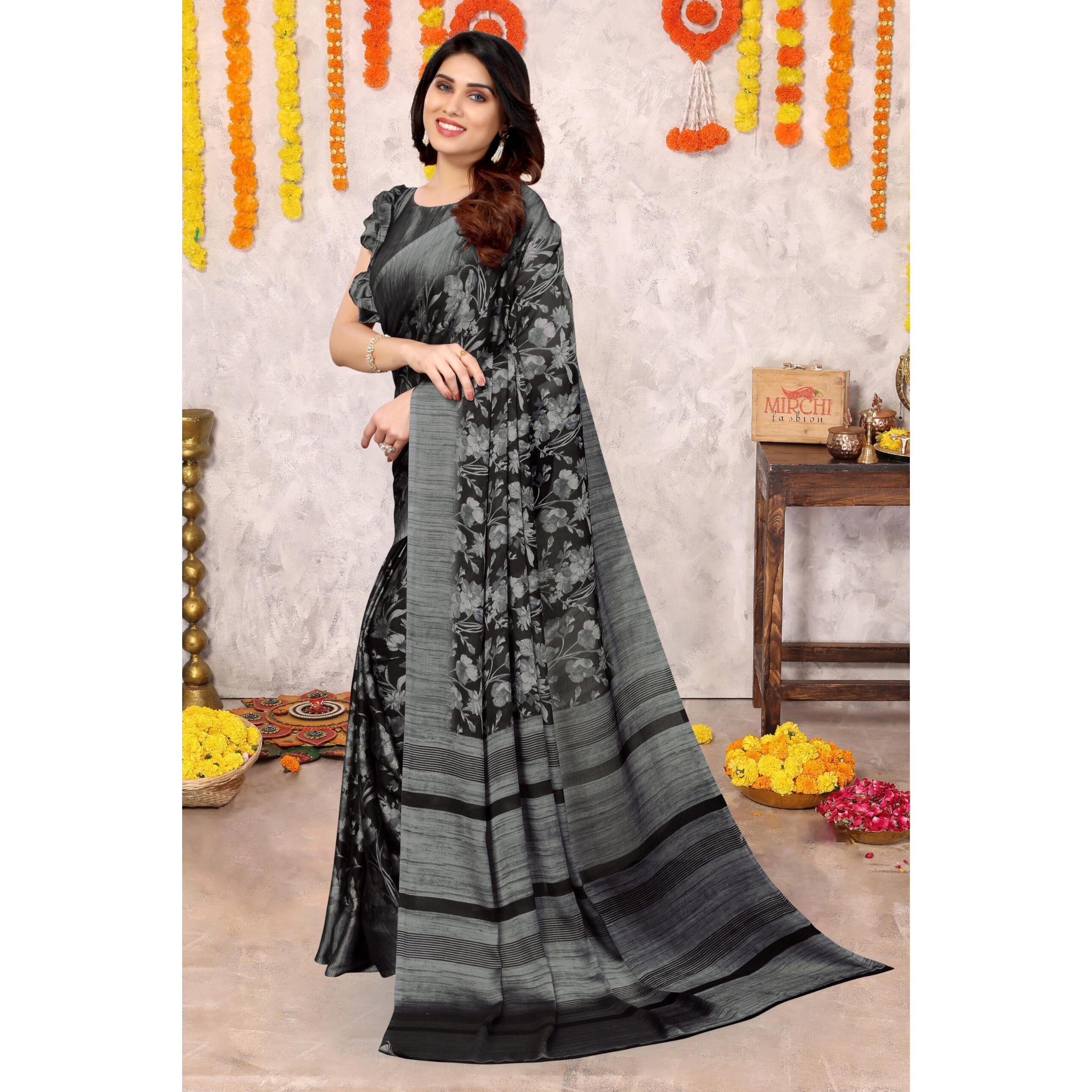 MIRCHI FASHION Womens Plain Weave Chiffon Floral Printed Saree with Blouse Piece (35812-Black, Grey)