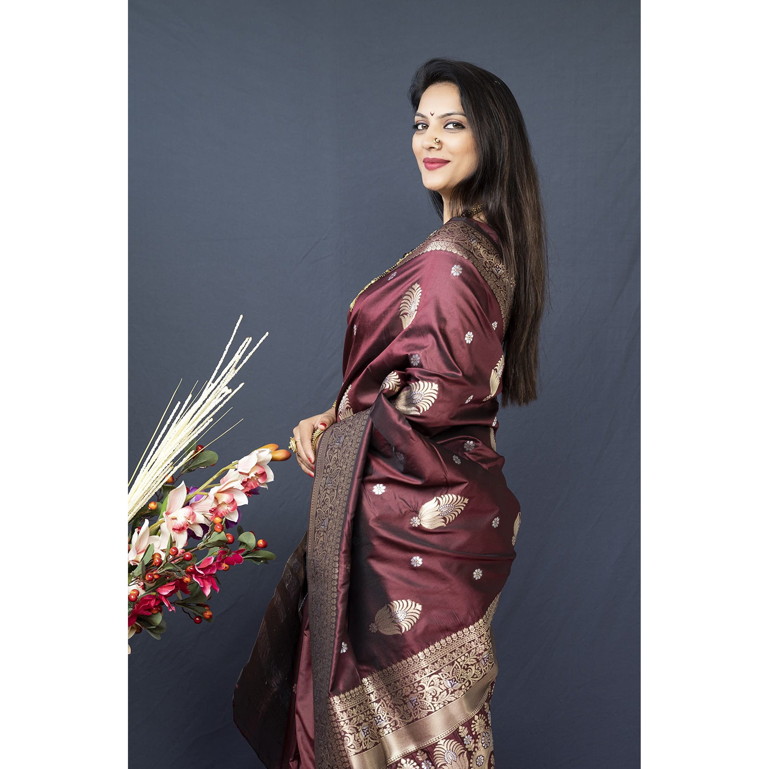 AMIRAT Womens Banarasi Silk Pure Golden Zari Woven With Blouse Piece (Maroon)