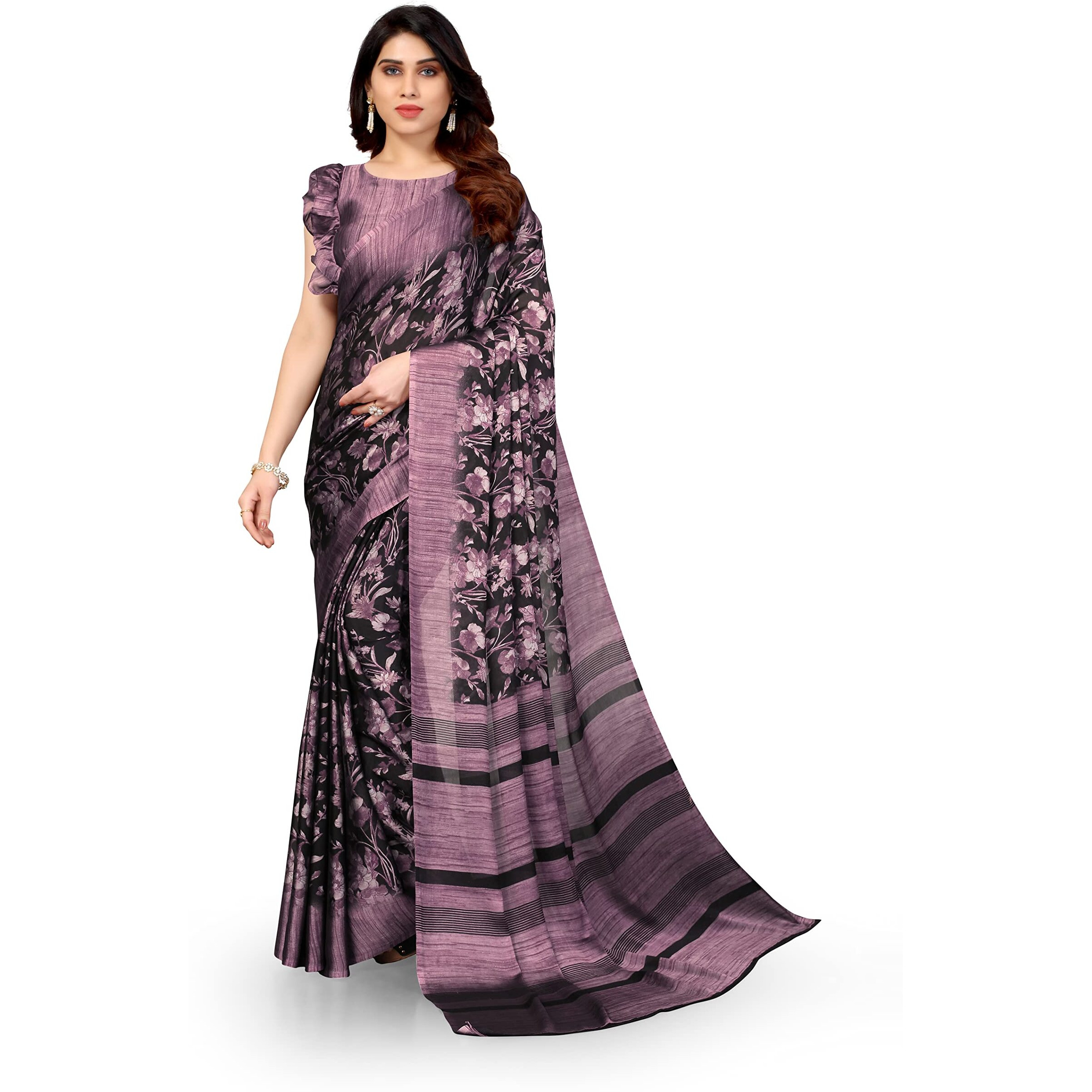 MIRCHI FASHION Womens Plain Weave Chiffon Floral Printed Saree with Blouse Piece (35811-Black, Voilet)