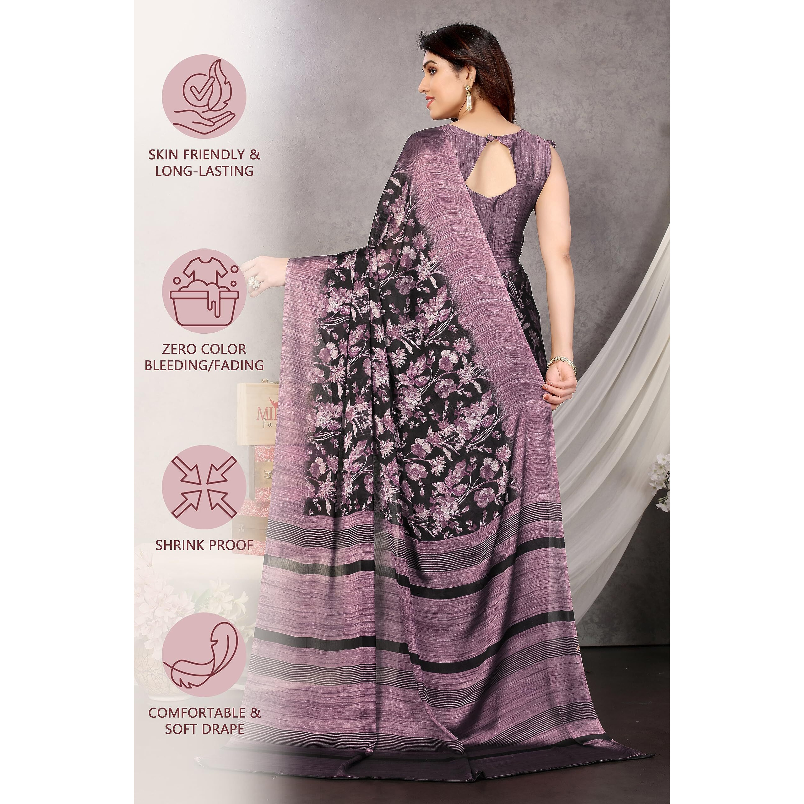 MIRCHI FASHION Womens Plain Weave Chiffon Floral Printed Saree with Blouse Piece (35811-Black, Voilet)