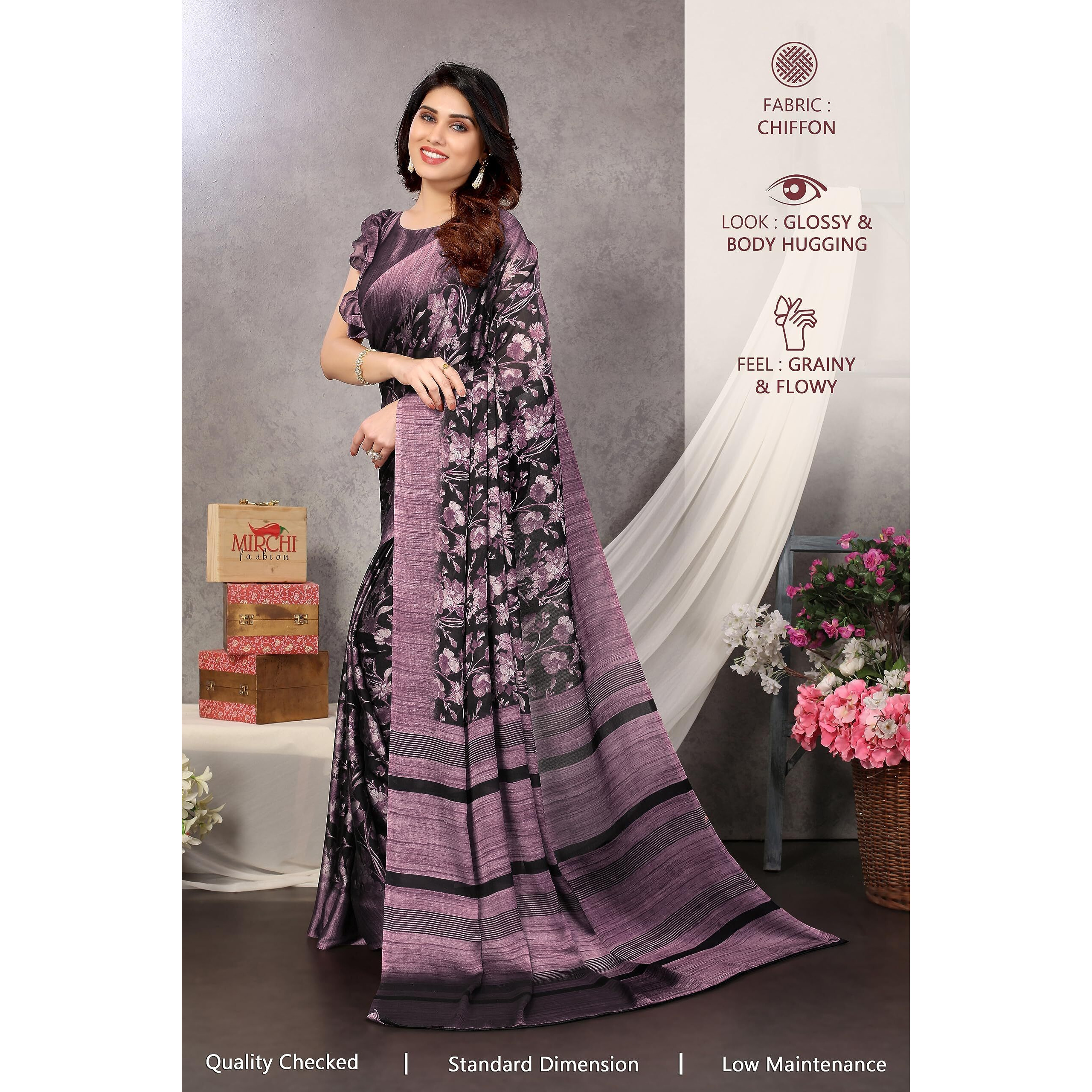 MIRCHI FASHION Womens Plain Weave Chiffon Floral Printed Saree with Blouse Piece (35811-Black, Voilet)