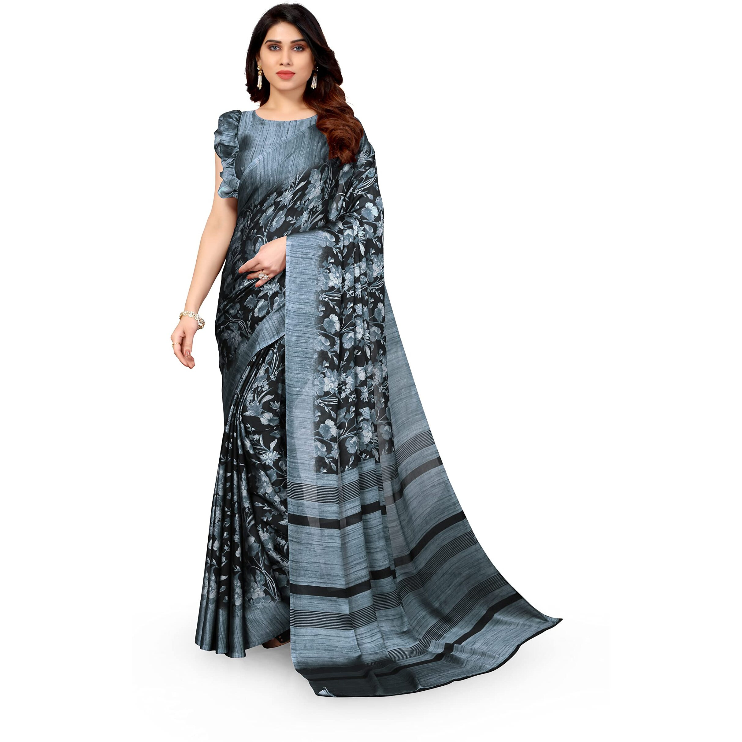 MIRCHI FASHION Womens Chiffon Floral Printed Saree with Blouse Piece (Black, Greyish Blue)