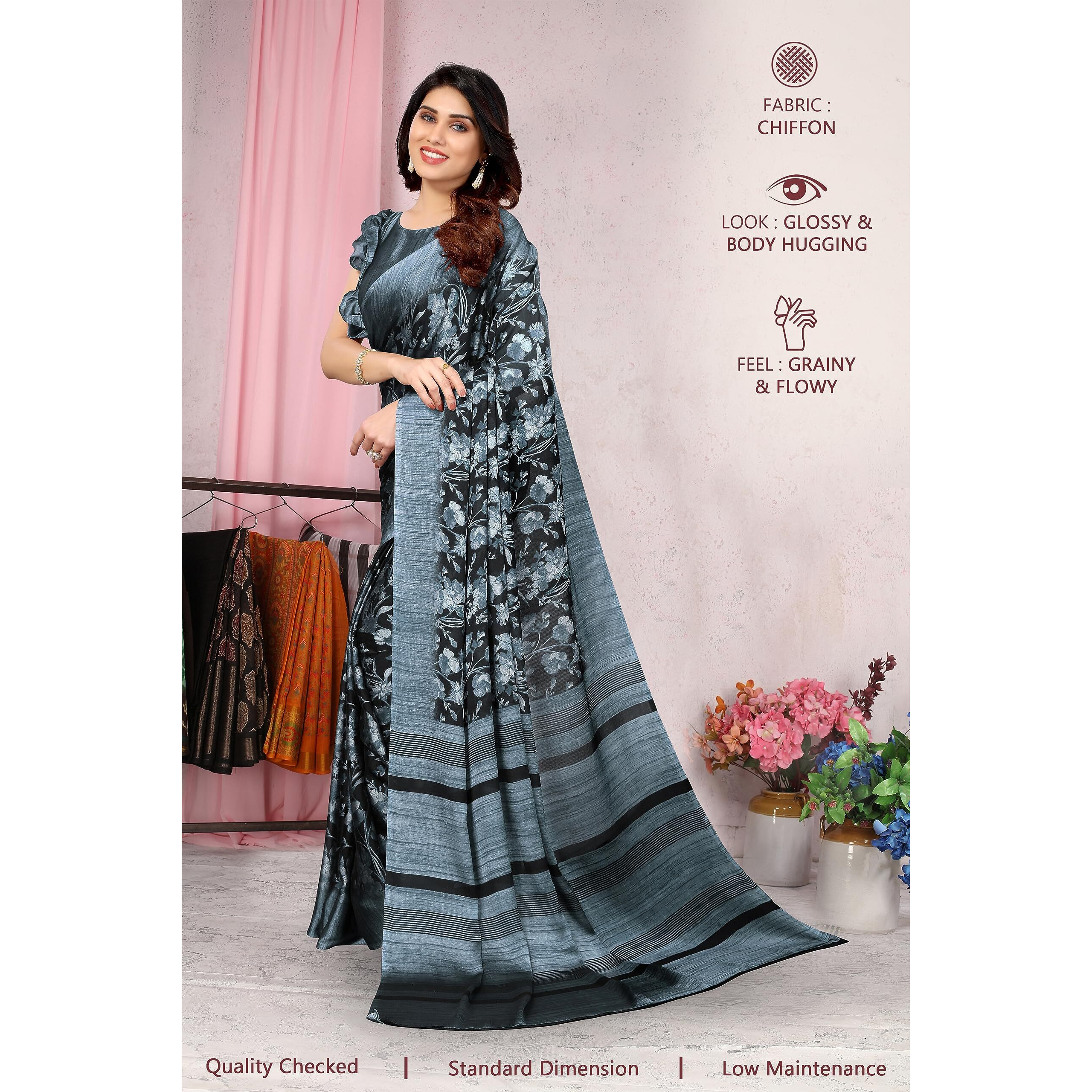 MIRCHI FASHION Womens Chiffon Floral Printed Saree with Blouse Piece (Black, Greyish Blue)