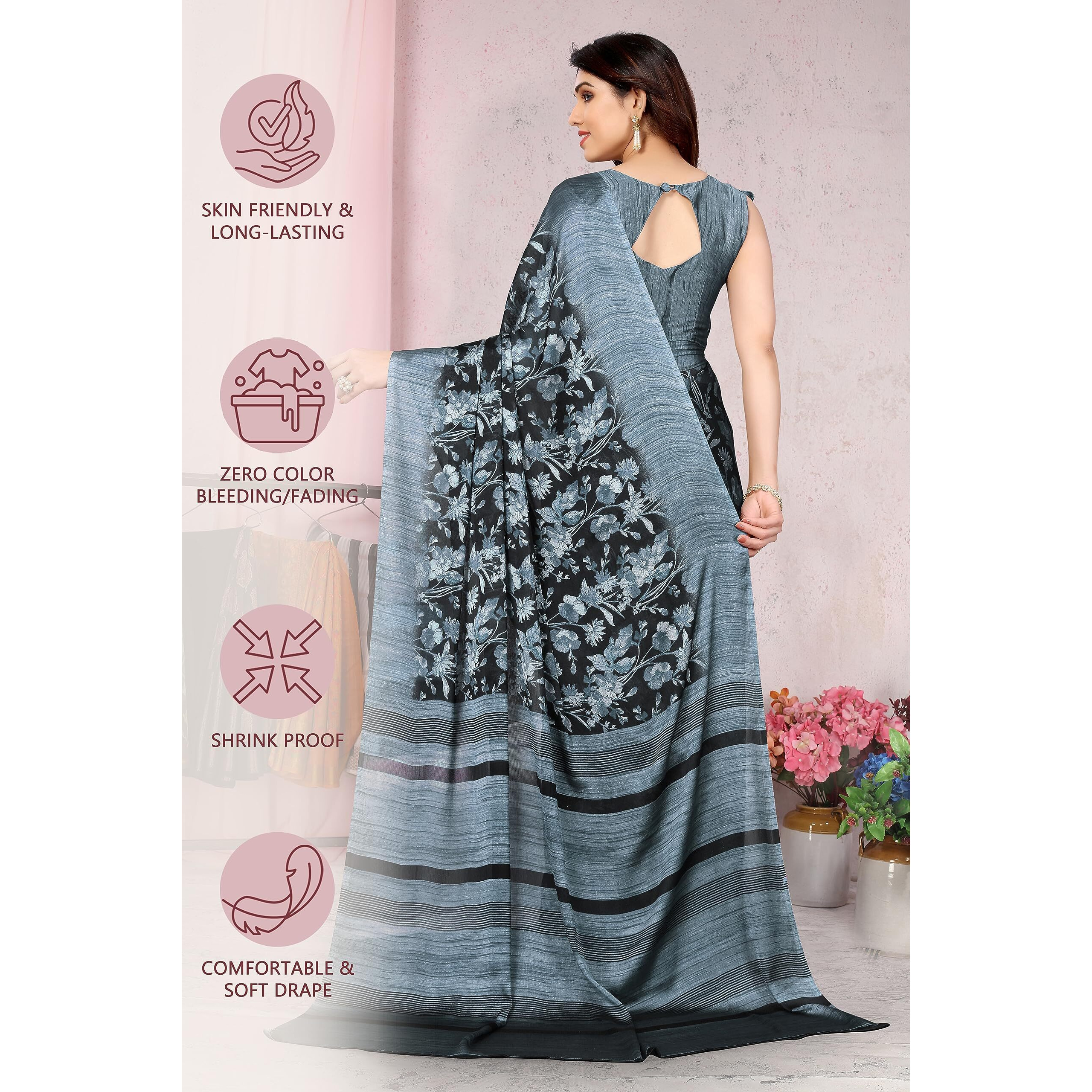 MIRCHI FASHION Womens Chiffon Floral Printed Saree with Blouse Piece (Black, Greyish Blue)