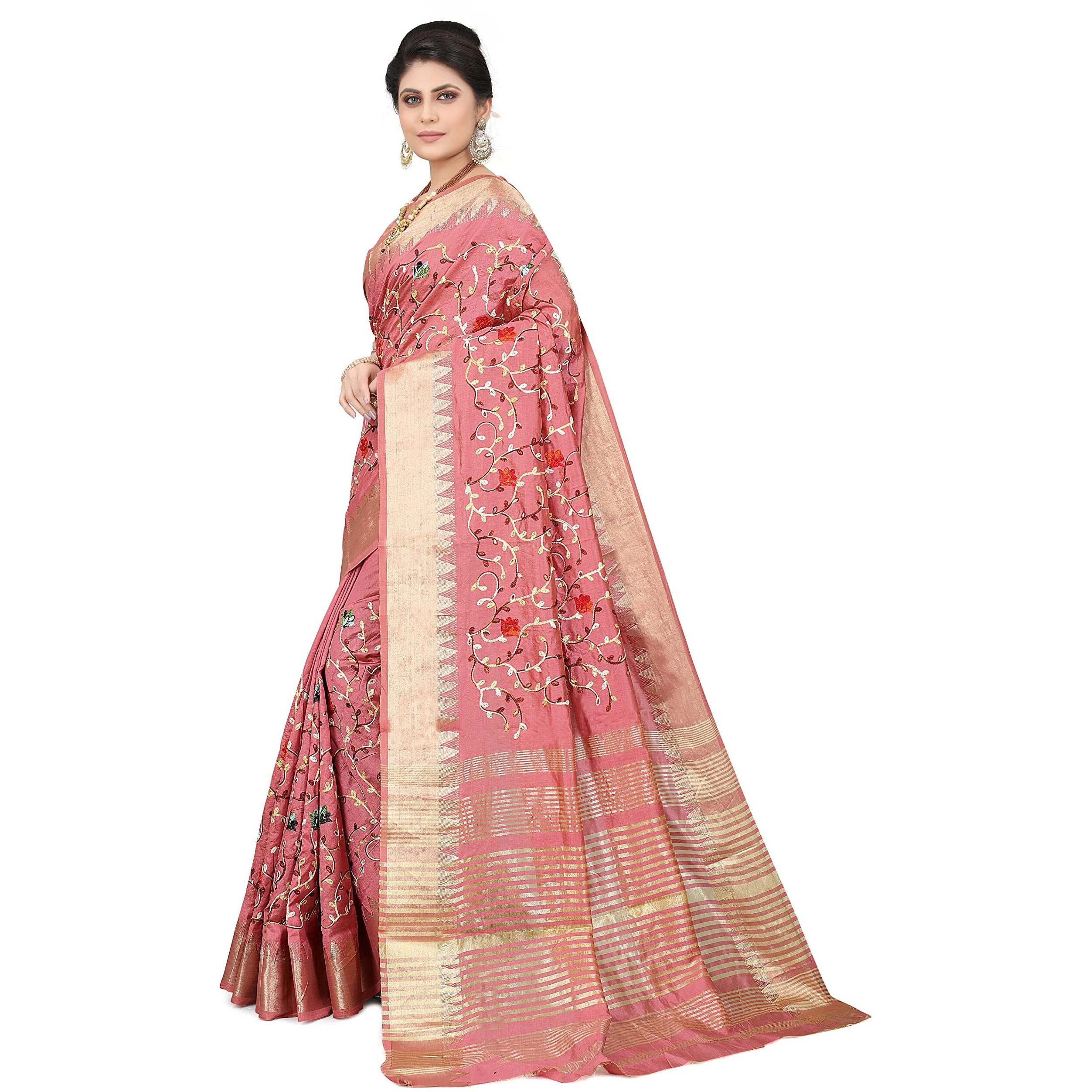 SERONA FABRICS Womens Assam Cotton Silk With Golden Border Thread Embroidered Banarasi Saree With Blouse Piece