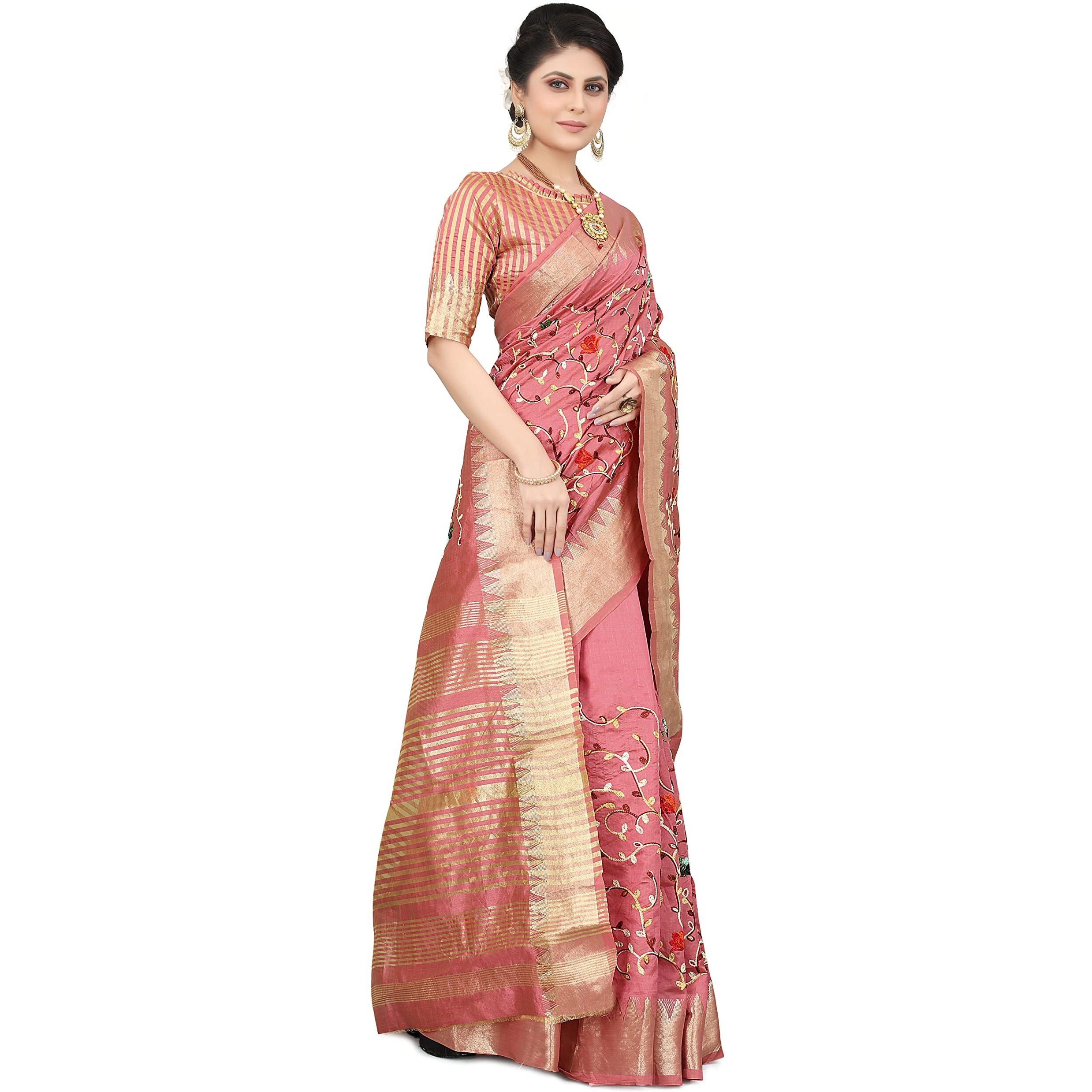 SERONA FABRICS Womens Assam Cotton Silk With Golden Border Thread Embroidered Banarasi Saree With Blouse Piece