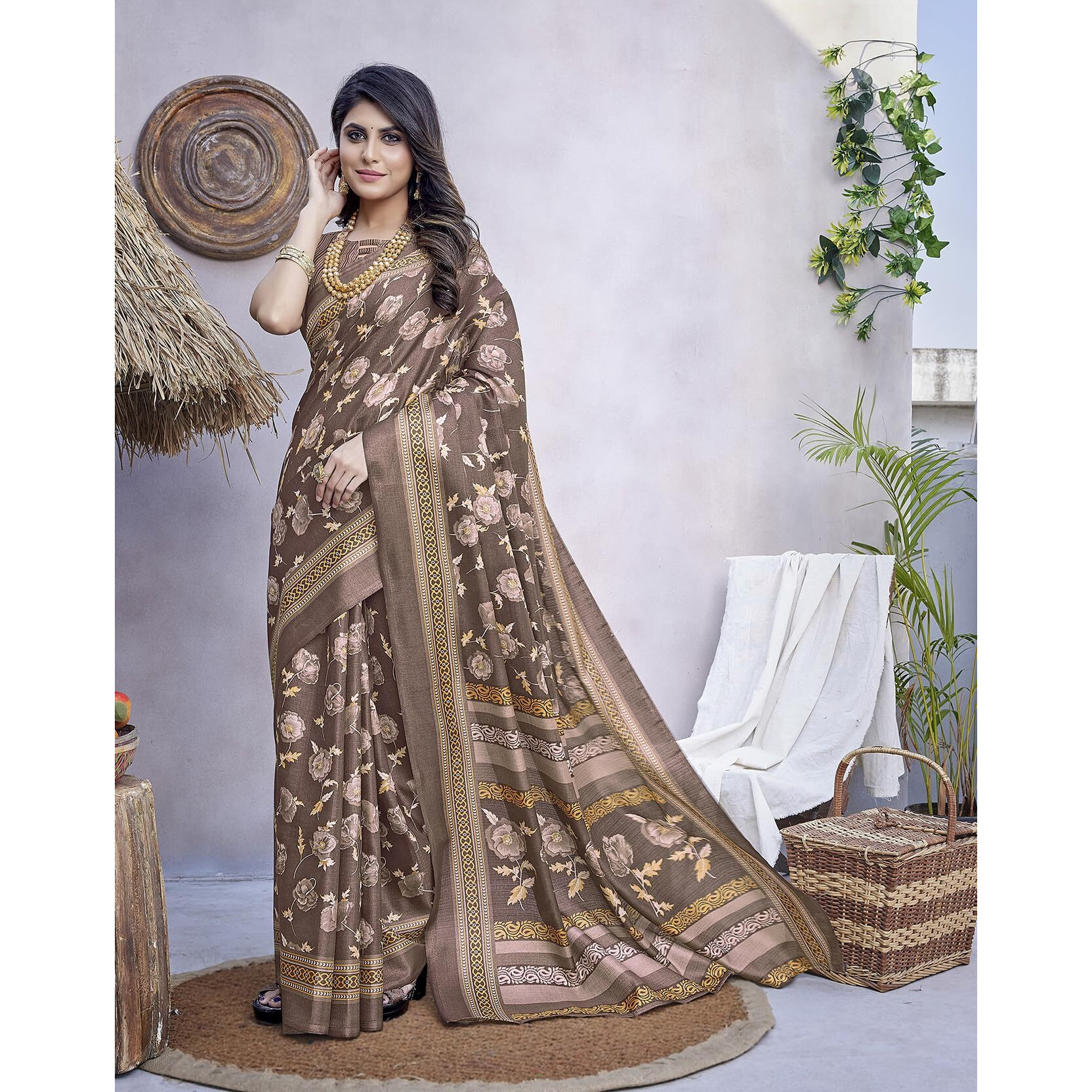 Yashika Womens Printed Trendy Art Silk Saree with Blouse Material||Brown Coloured Art Silk Saree||AZ-YS-P1-GULZAR BROWN