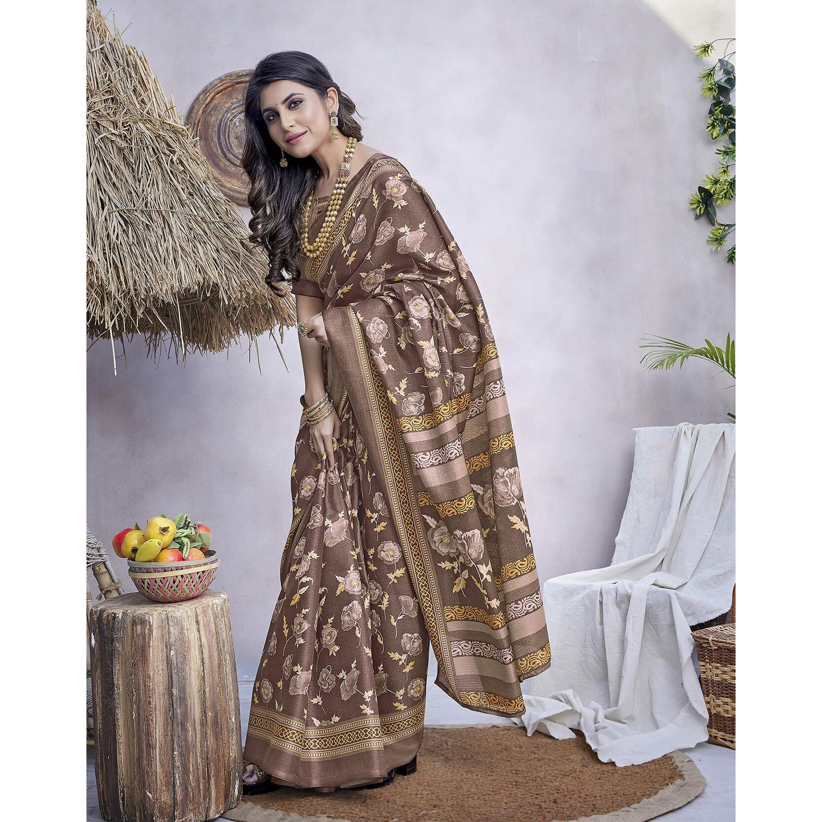 Yashika Womens Printed Trendy Art Silk Saree with Blouse Material||Brown Coloured Art Silk Saree||AZ-YS-P1-GULZAR BROWN