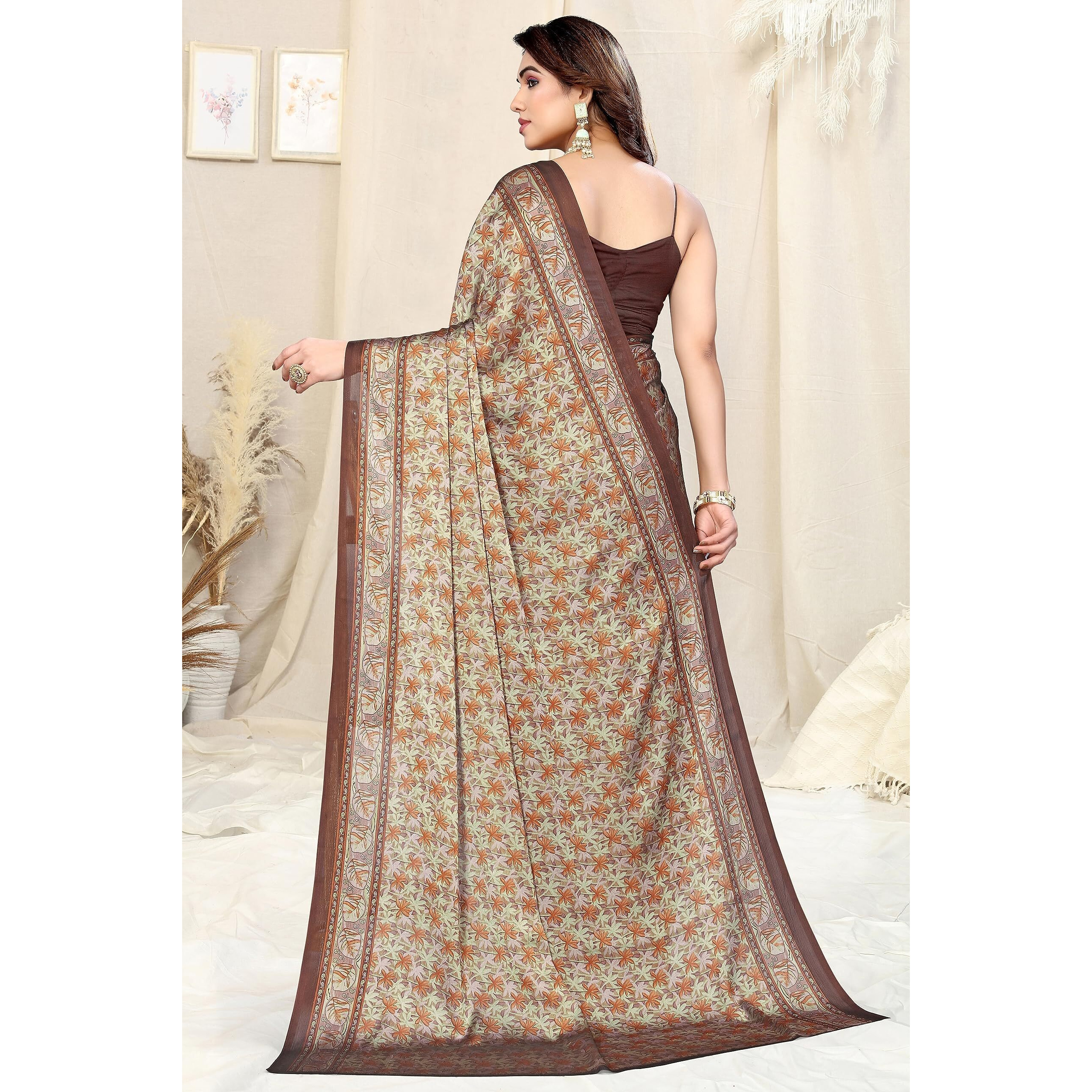 MIRCHI FASHION Womens Plain Weave Chiffon Floral Printed Saree with Blouse Piece (39261-Brown, Light Orange)
