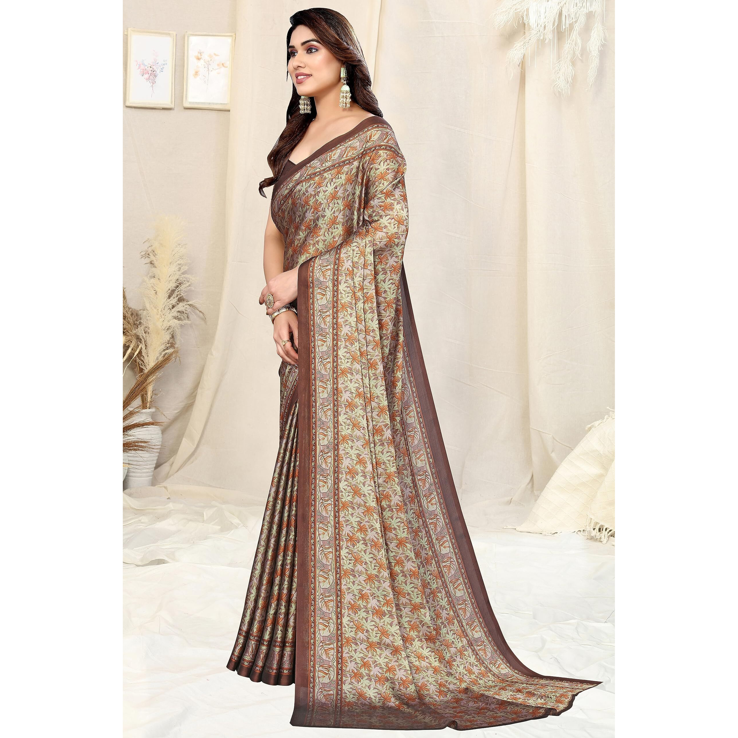 MIRCHI FASHION Womens Plain Weave Chiffon Floral Printed Saree with Blouse Piece (39261-Brown, Light Orange)