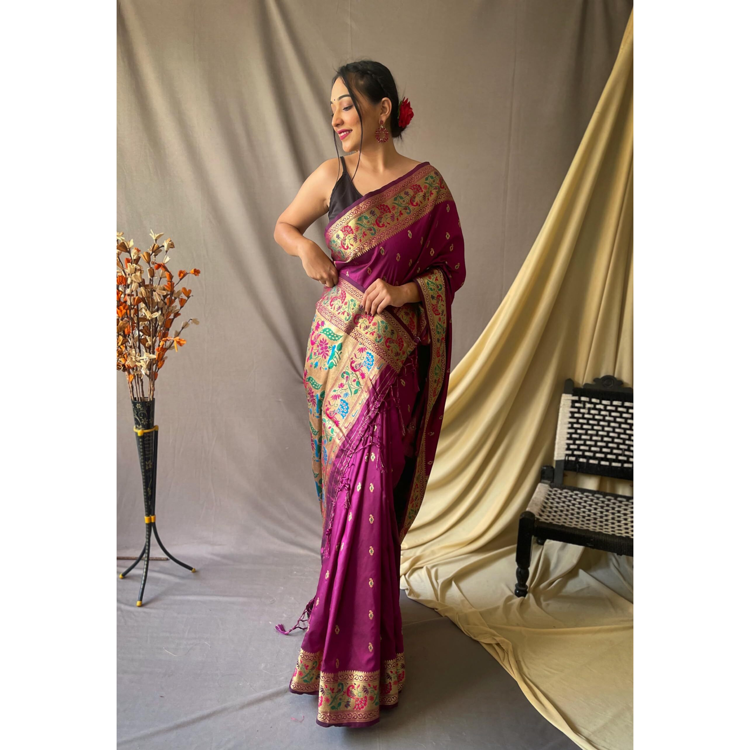 SGF11 Womens Paithani Soft Lichi Silk Kanjivaram Sarees With Blouse Piece (Purple)