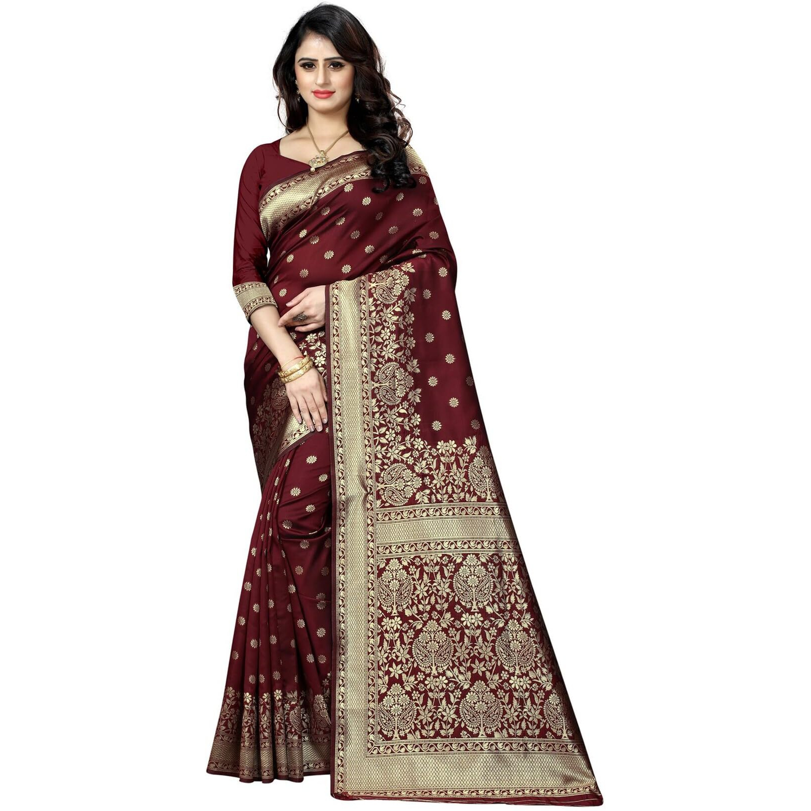 Sugathari Womens Banarasi Saree Pure Kanjivaram Silk Saree Soft new ladies 2023 Design Wear Pattu Sarees Latest Cotton Party Sari collections With Blouse Piece for Wedding sadi (SAM PARI-100 MAROON)