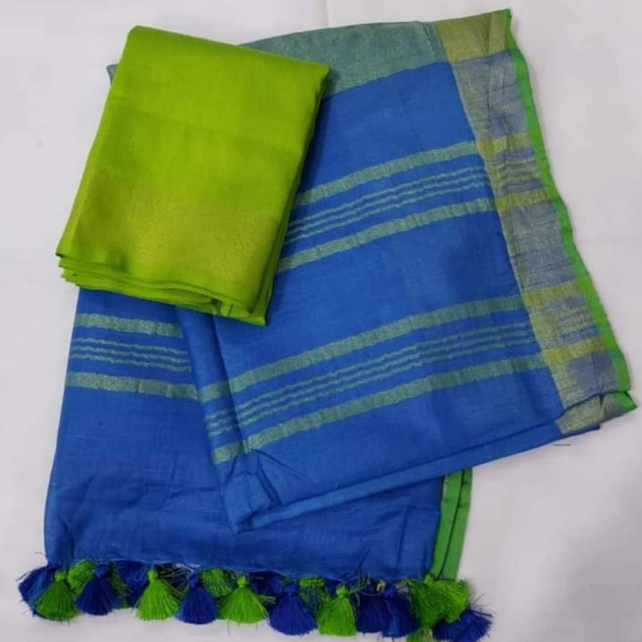 HAIDER ALI AND SONS Pure Linen Ethnic Wear Saree For Womens (With Blouse)_01 (BLUE)