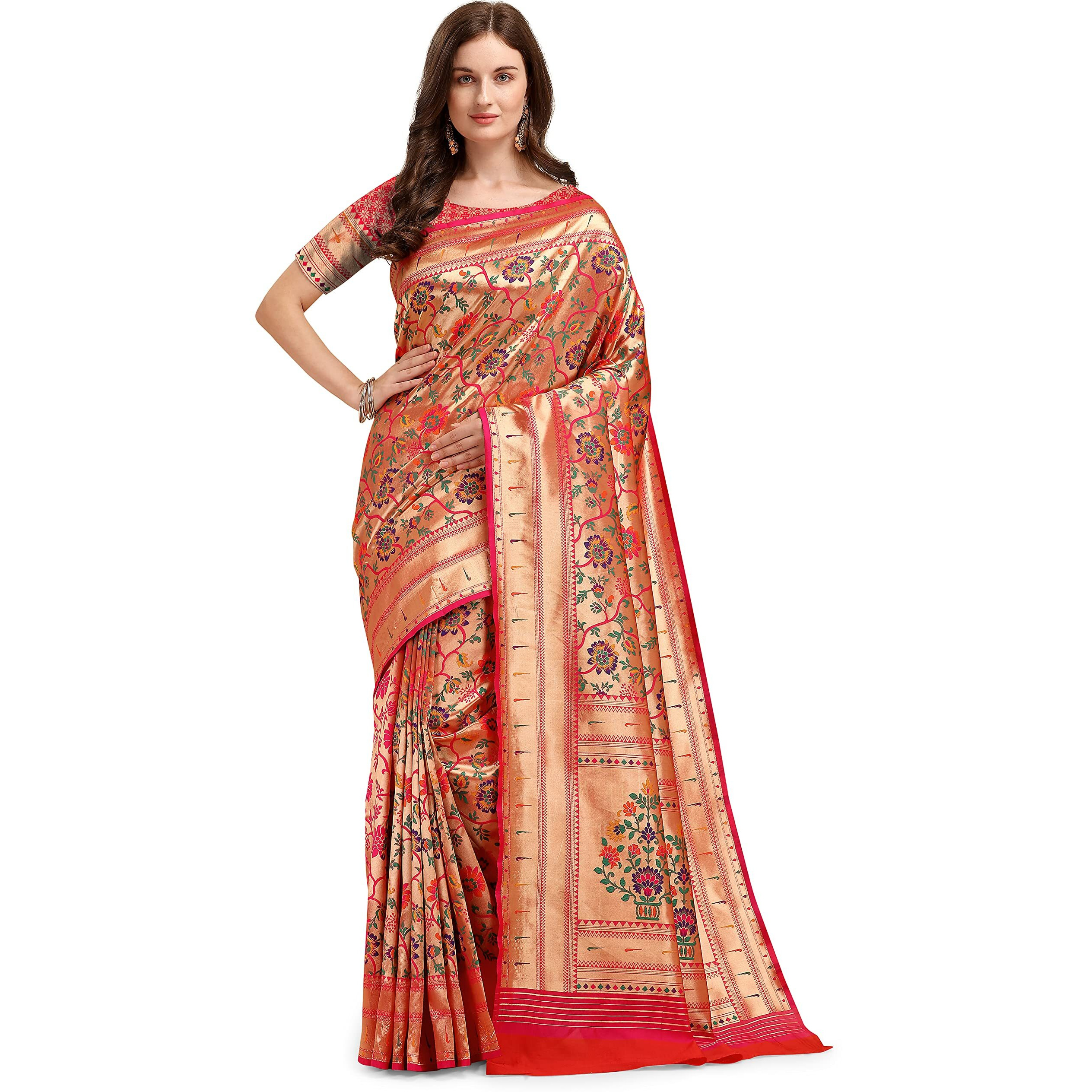 Jaanvi fashion Womens Silk With Zari Work Saree With Blouse Piece(tarang-paithani-pink)