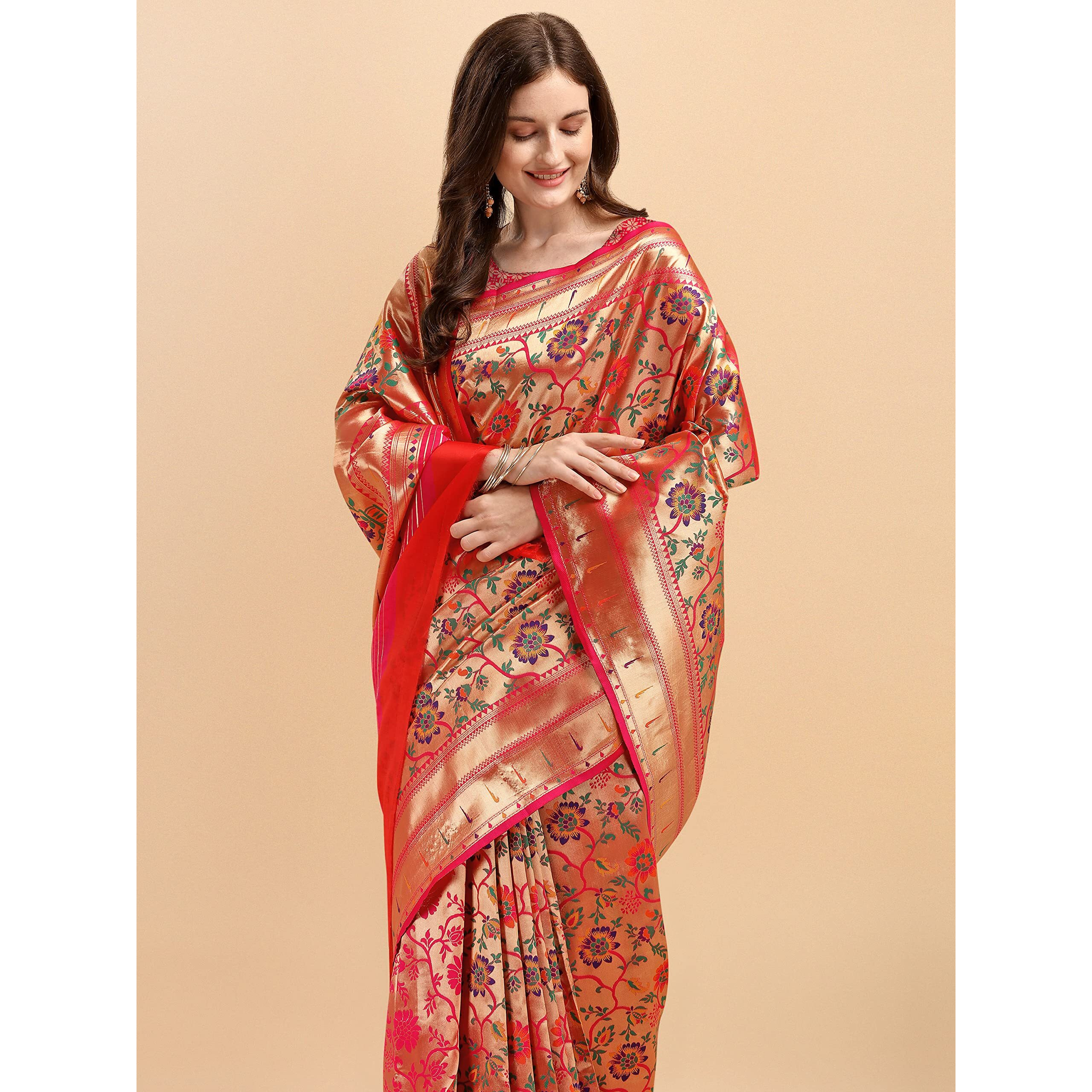Jaanvi fashion Womens Silk With Zari Work Saree With Blouse Piece(tarang-paithani-pink)