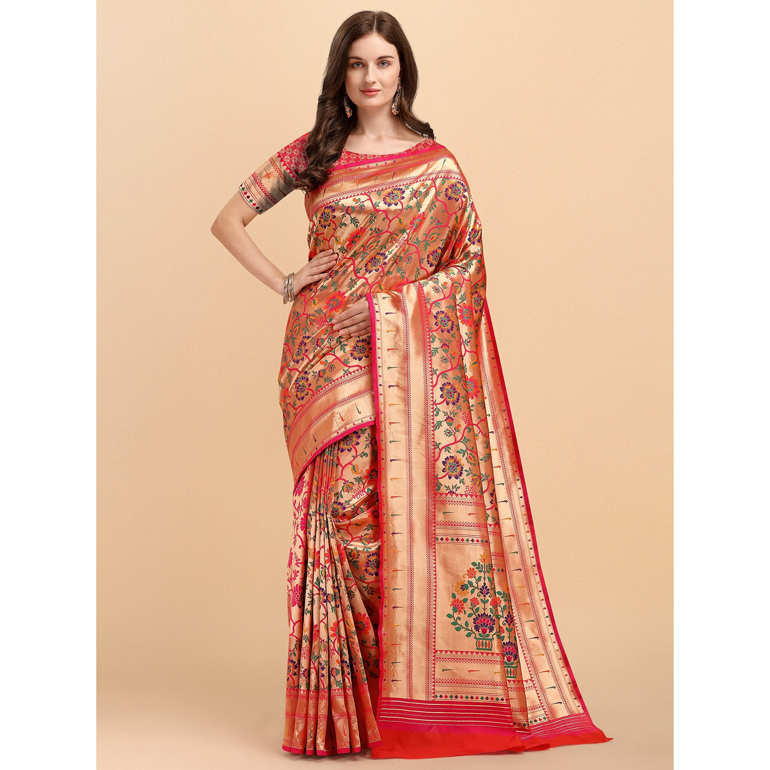 Jaanvi fashion Womens Silk With Zari Work Saree With Blouse Piece(tarang-paithani-pink)