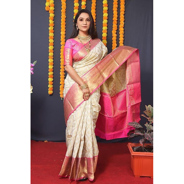 Jaanvi fashion Womens Banarsi Silk With Zari Jacquard Work Saree With Blouse Piece (atharv-pink-cream)