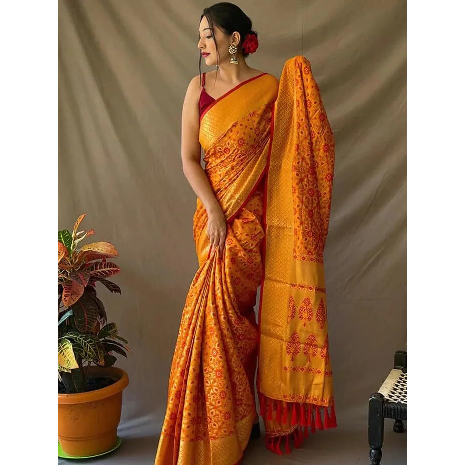 SGF11 Womens Kanjivaram patola Soft Lichi Silk Sarees With Unstitched Blouse Piece (Yellow)